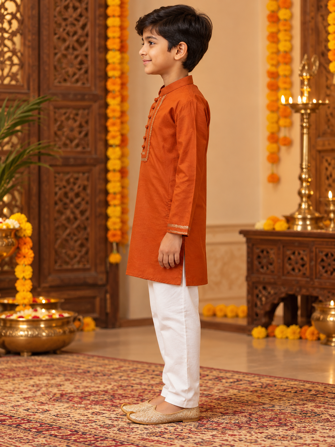 Burnt Orange Brocade Festive Boys Kurta