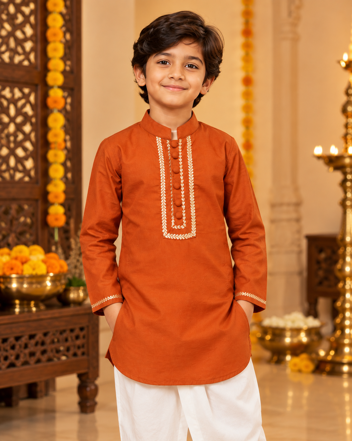 Burnt Orange Brocade Festive Boys Kurta