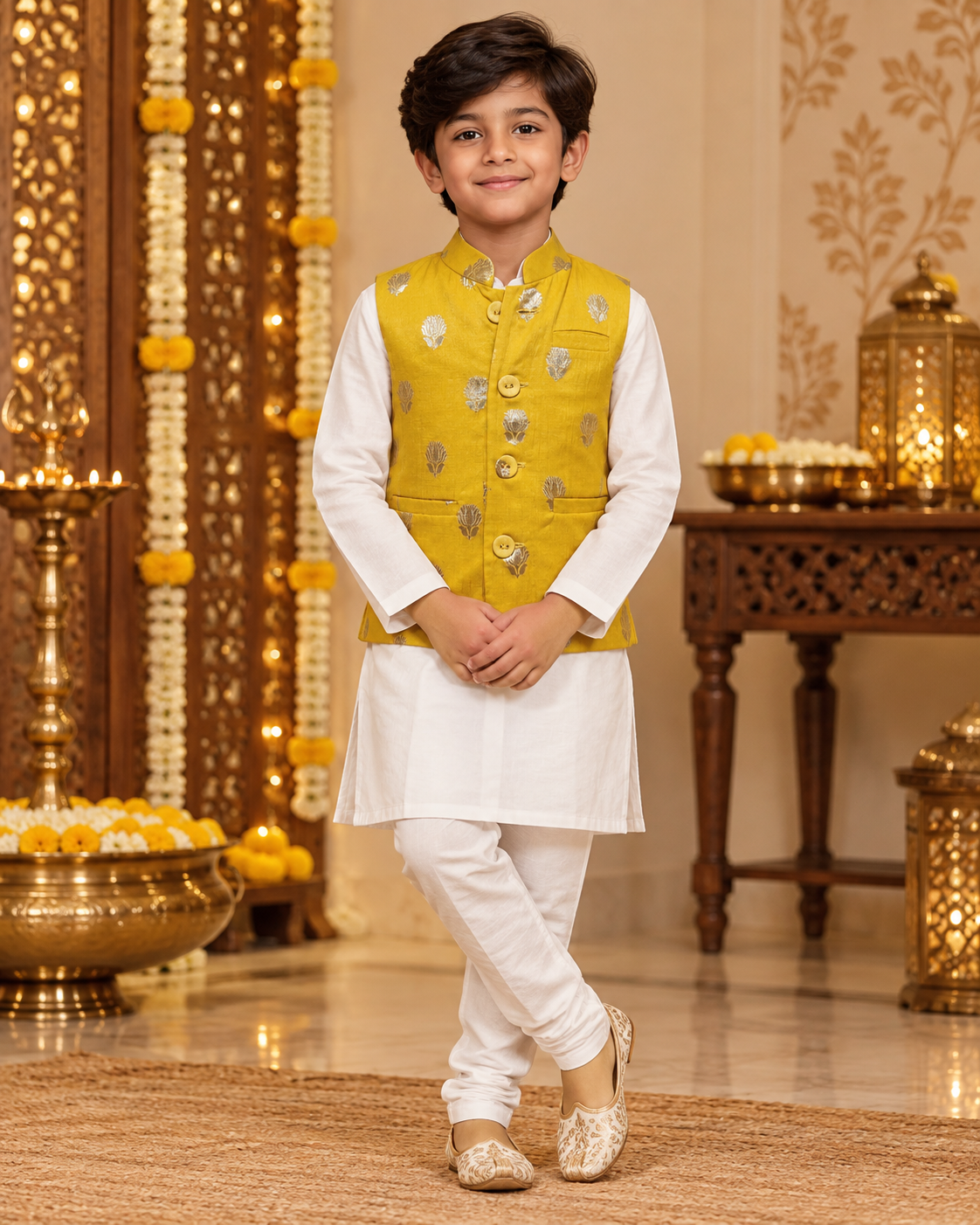 Yellow Silk Brocade Boys Festive Waistcoat