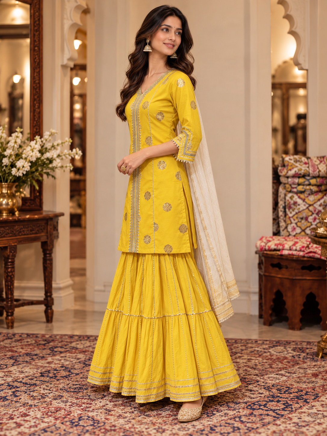 Royal Yellow Silk Brocade Sharara Set