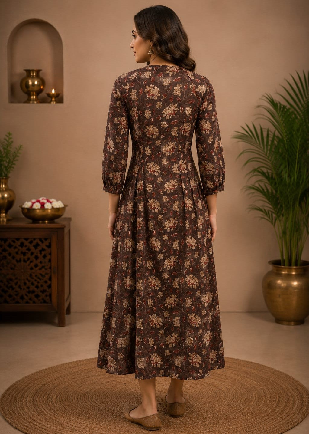 BROWN BLOCK PRINTED LONG DRESS