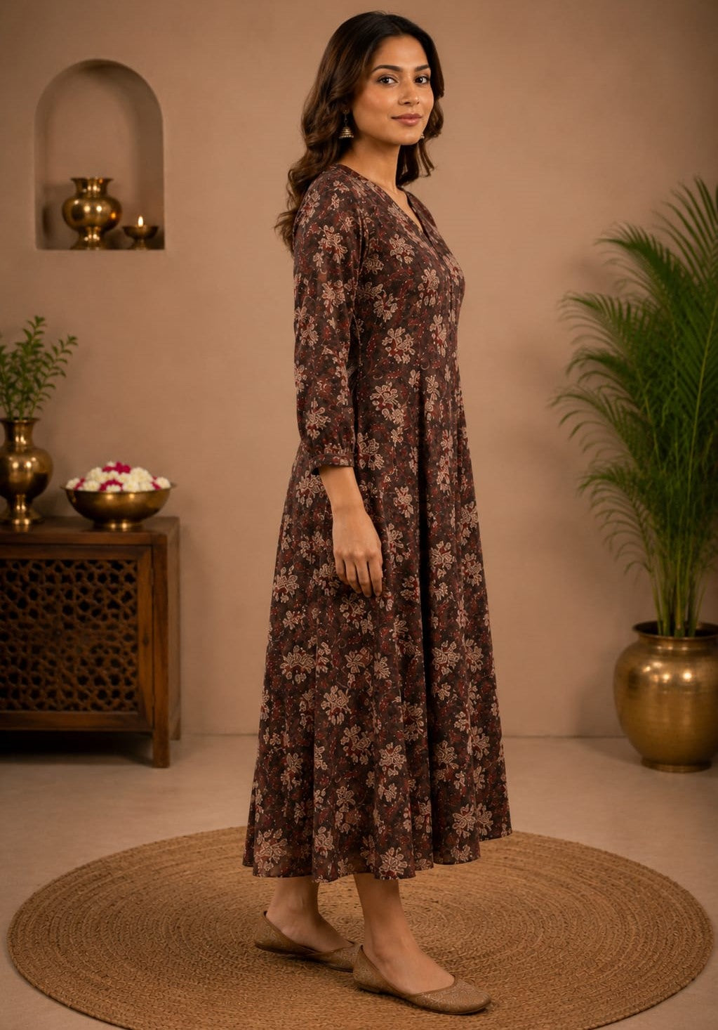 BROWN BLOCK PRINTED LONG DRESS