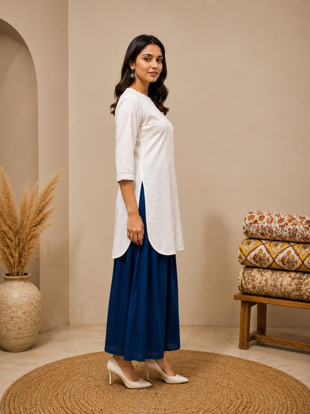 White Pleated mid length kura