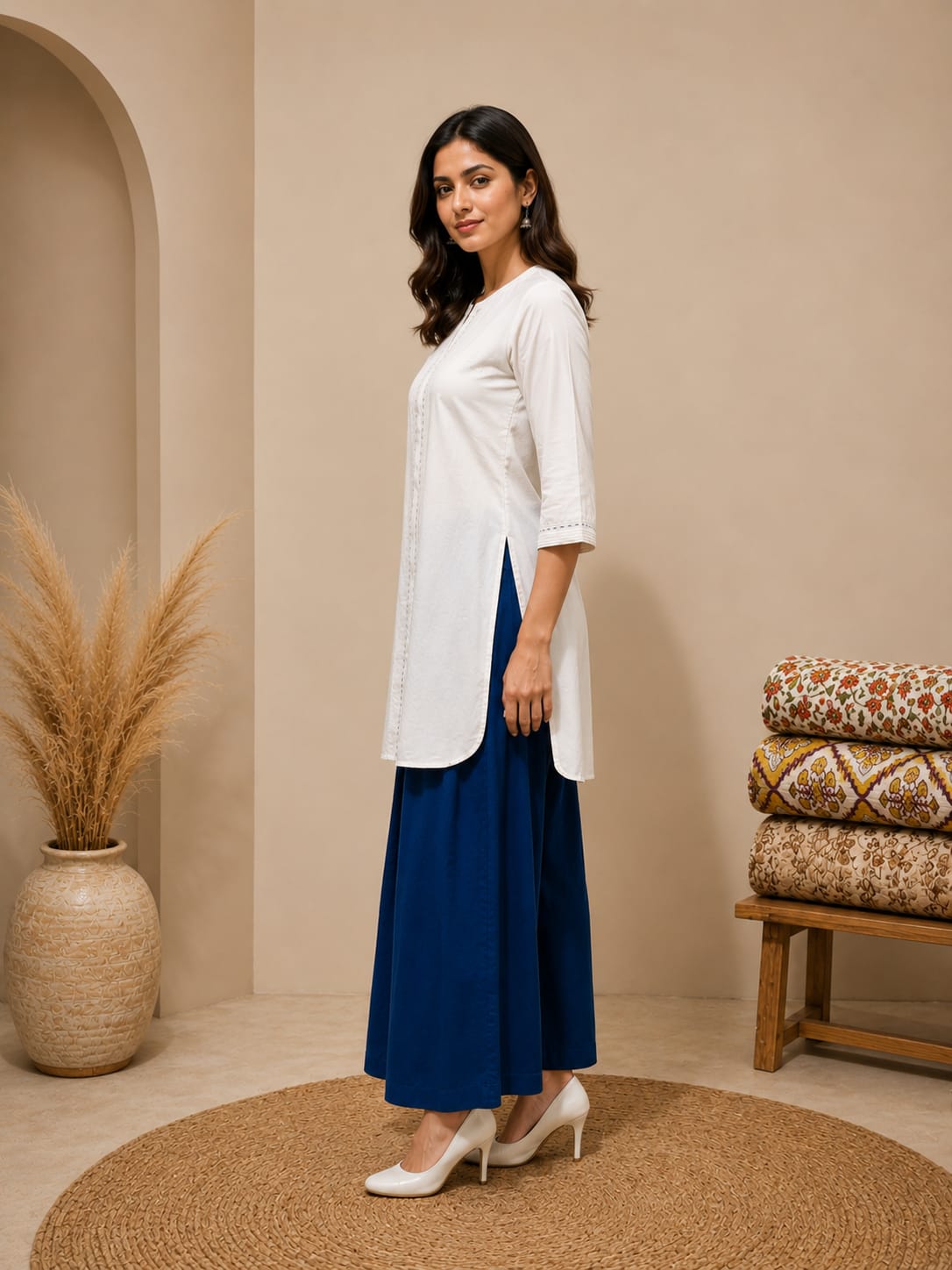 White Pleated mid length kura