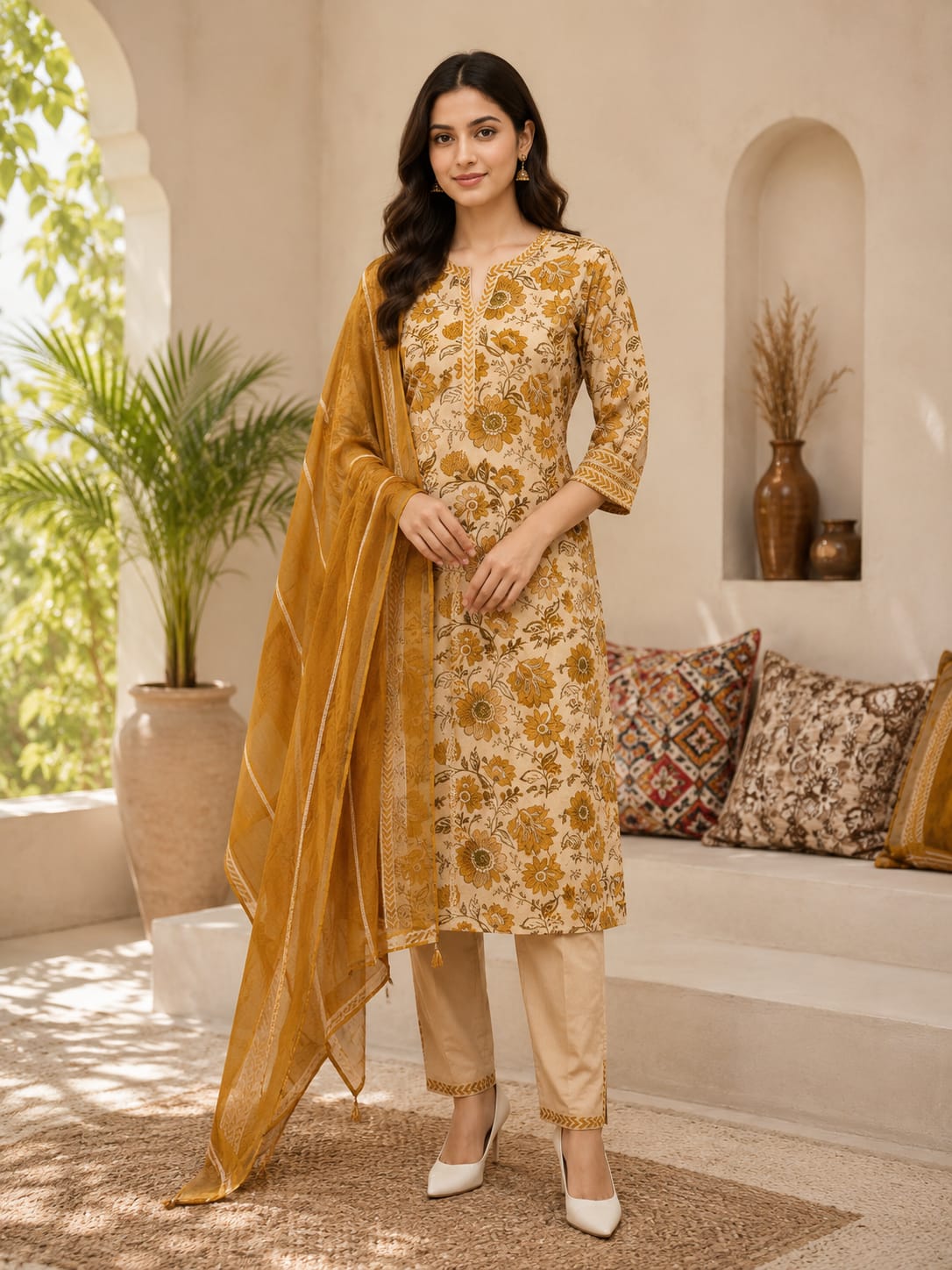 Mustard jaal Floral Kurta Pant Set