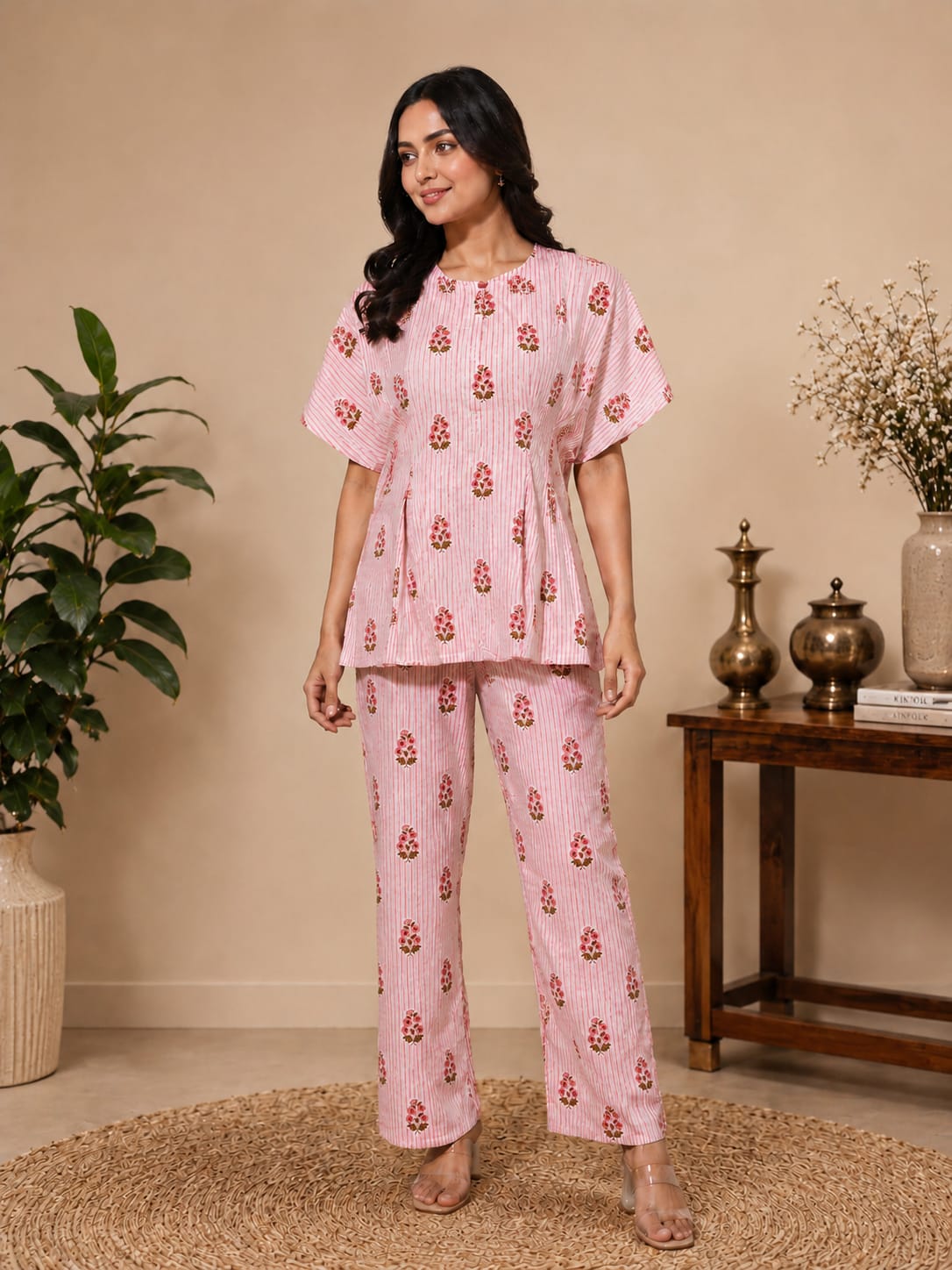 Pink Floral Stripes Women Co-ord Set