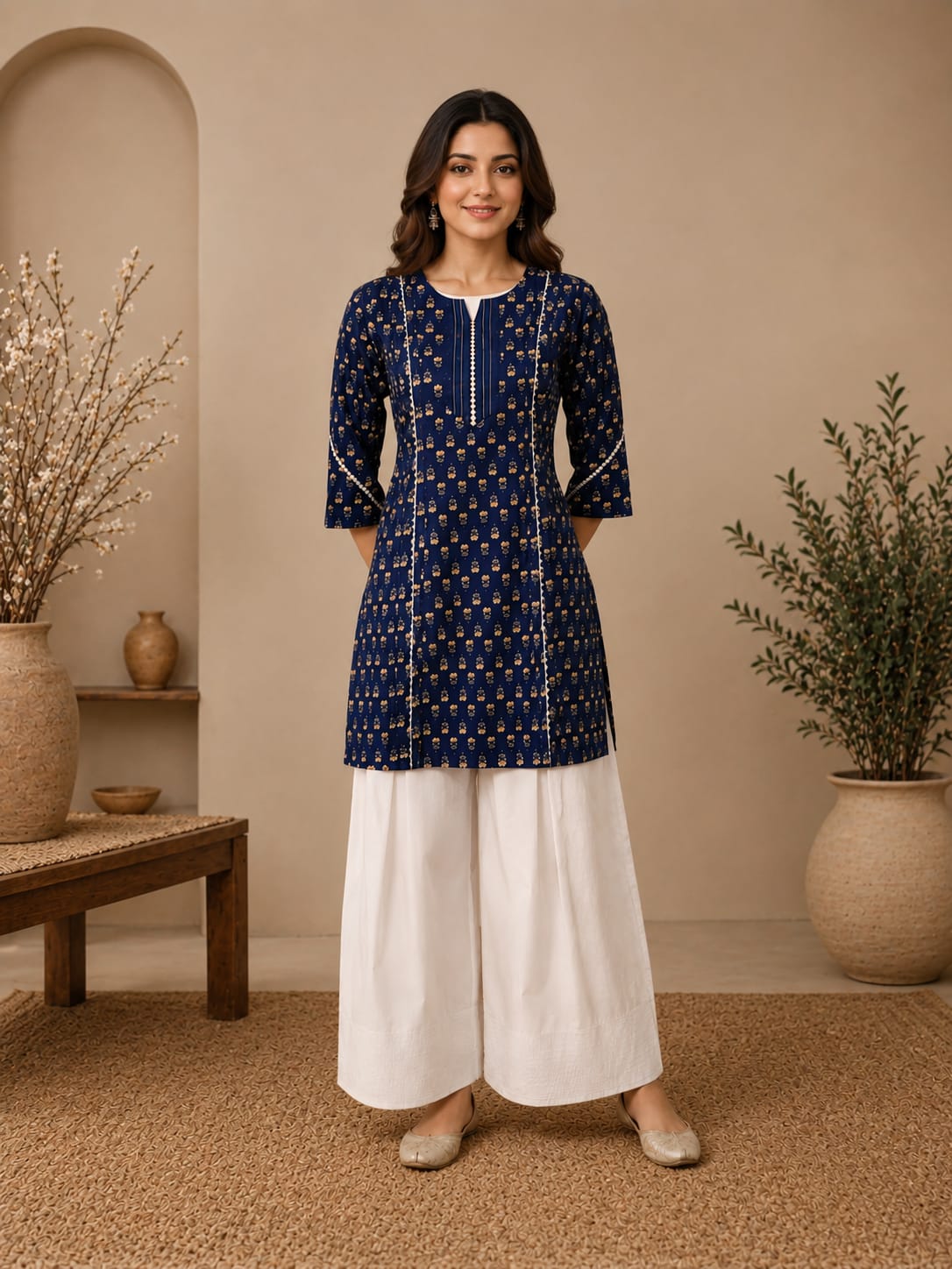 Indigo yellow buti mid length women kurta