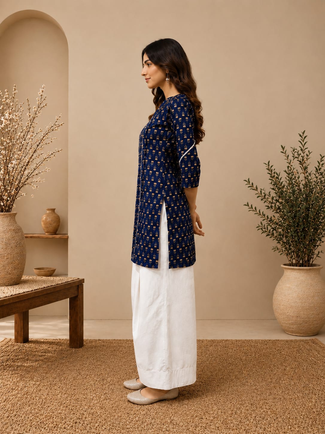 Indigo yellow buti mid length women kurta