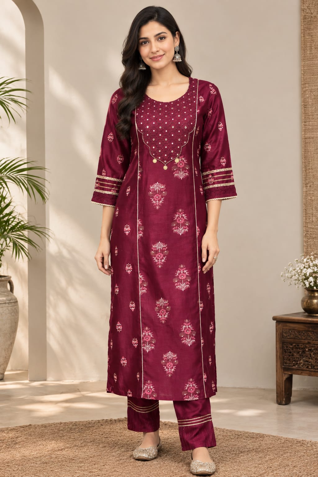 Plum Silk Chanderi Festive Suit Set
