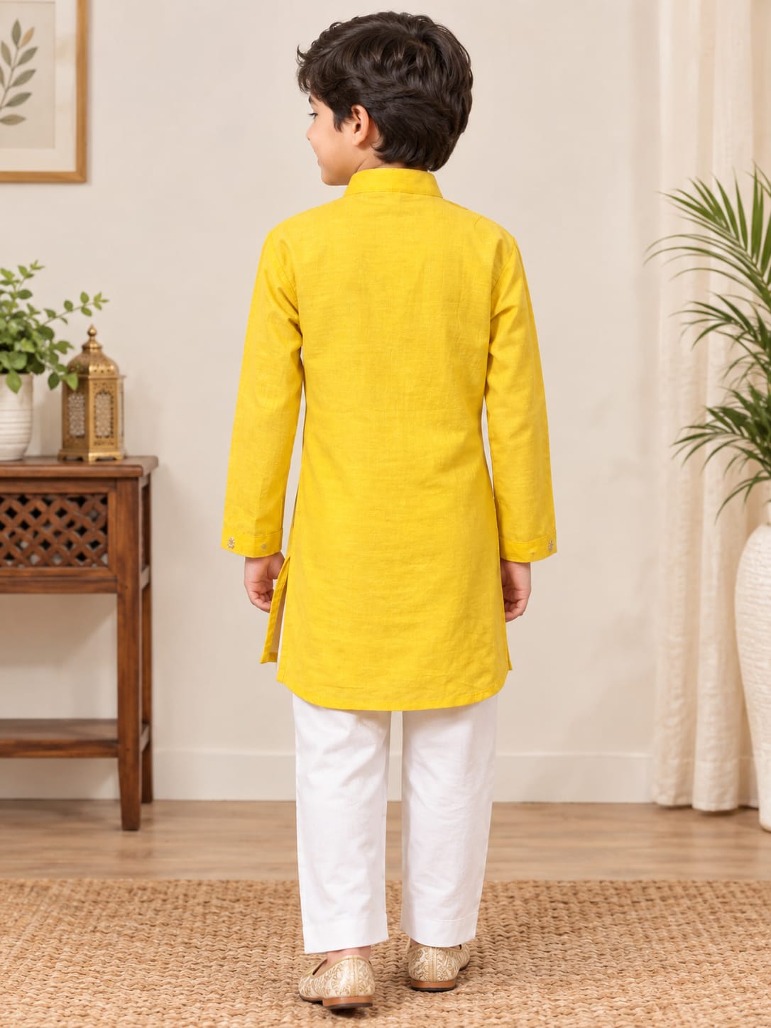 Yellow Brocade Kids Boys Asymmetric Kurta
