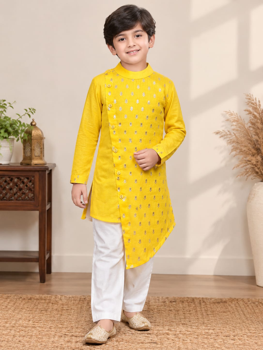 Yellow Brocade Kids Boys Asymmetric Kurta