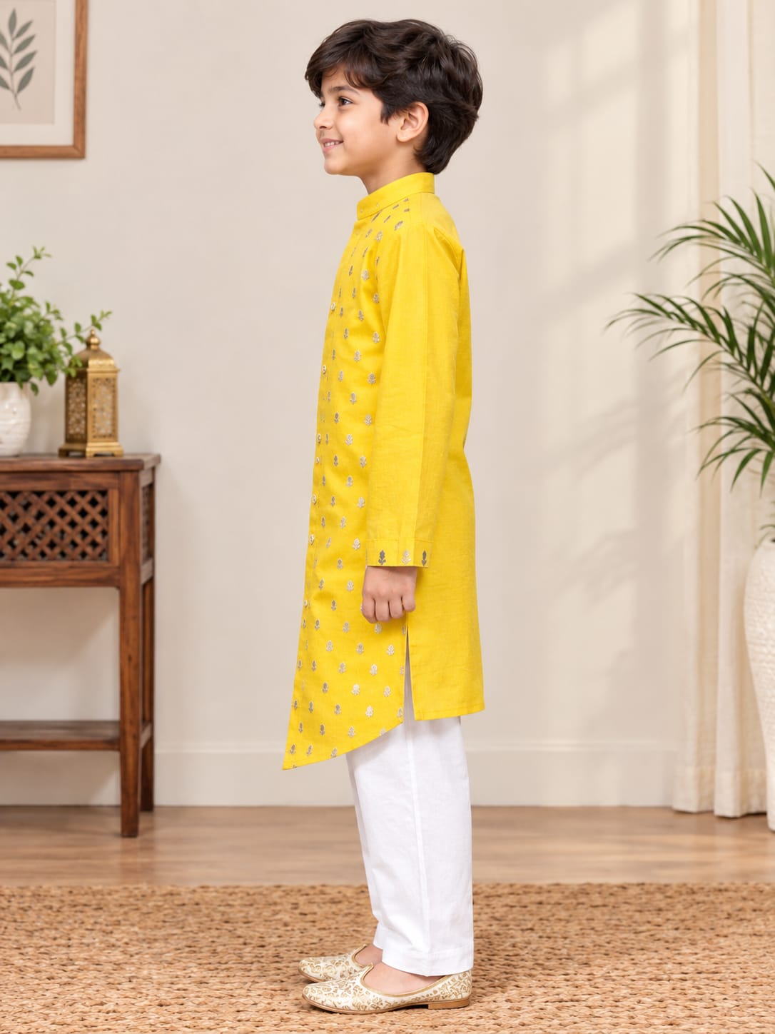 Yellow Brocade Kids Boys Asymmetric Kurta