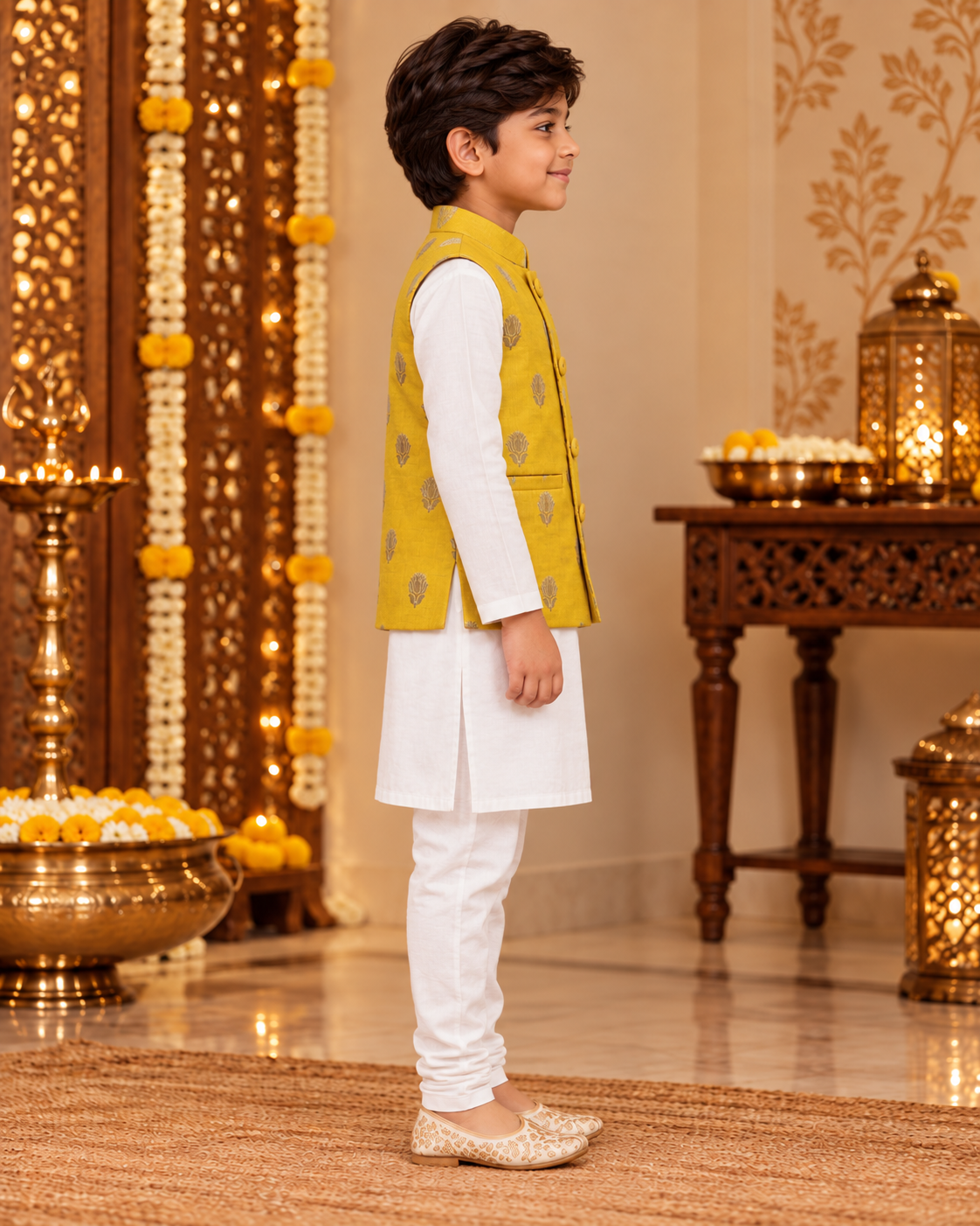 Yellow Silk Brocade Boys Festive Waistcoat