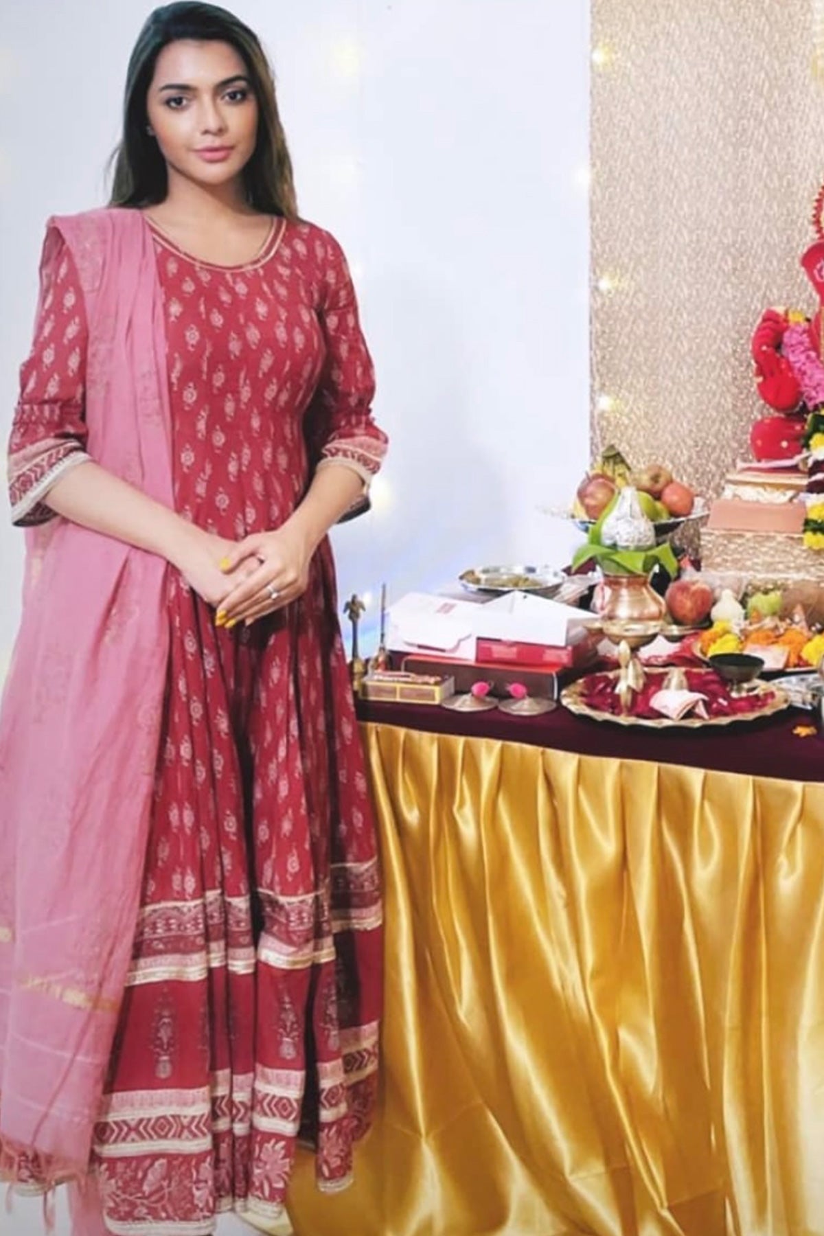 Ruhi Singh in Rust Red Hand Block Printed Anarkali Suit Set
