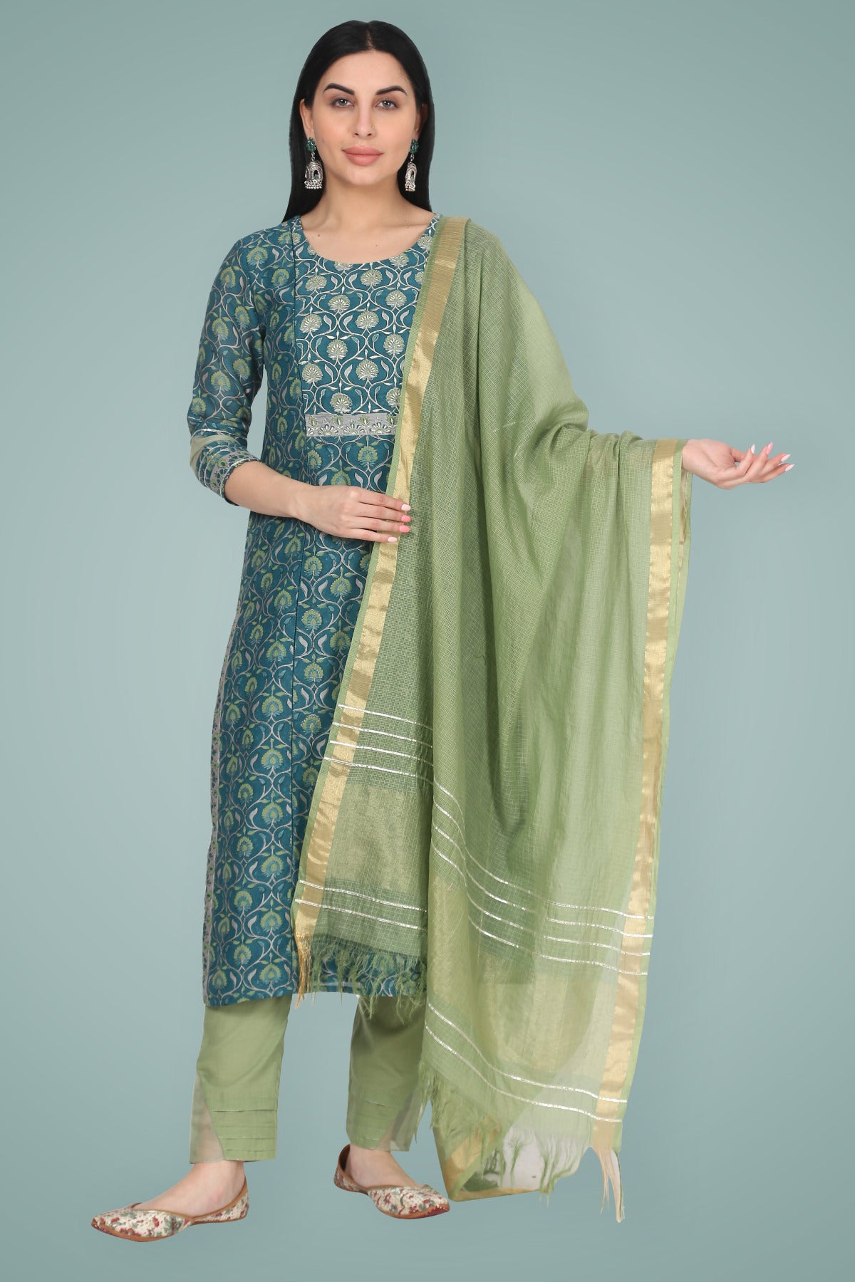 Turquoise Green Silk Chanderi Embroidered Suit Set