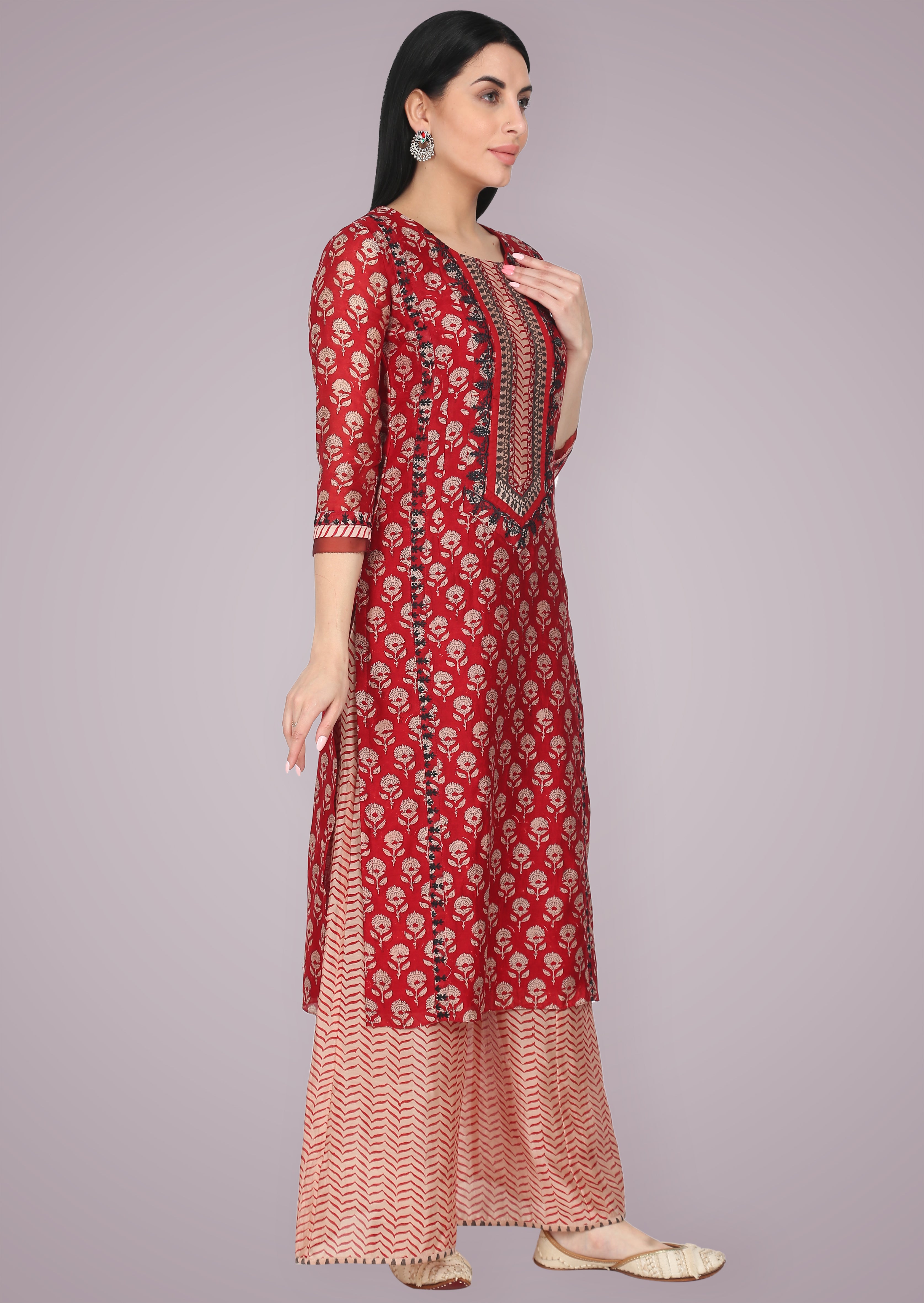 Crimson Red Silk Chanderi Embroidered Suit Set