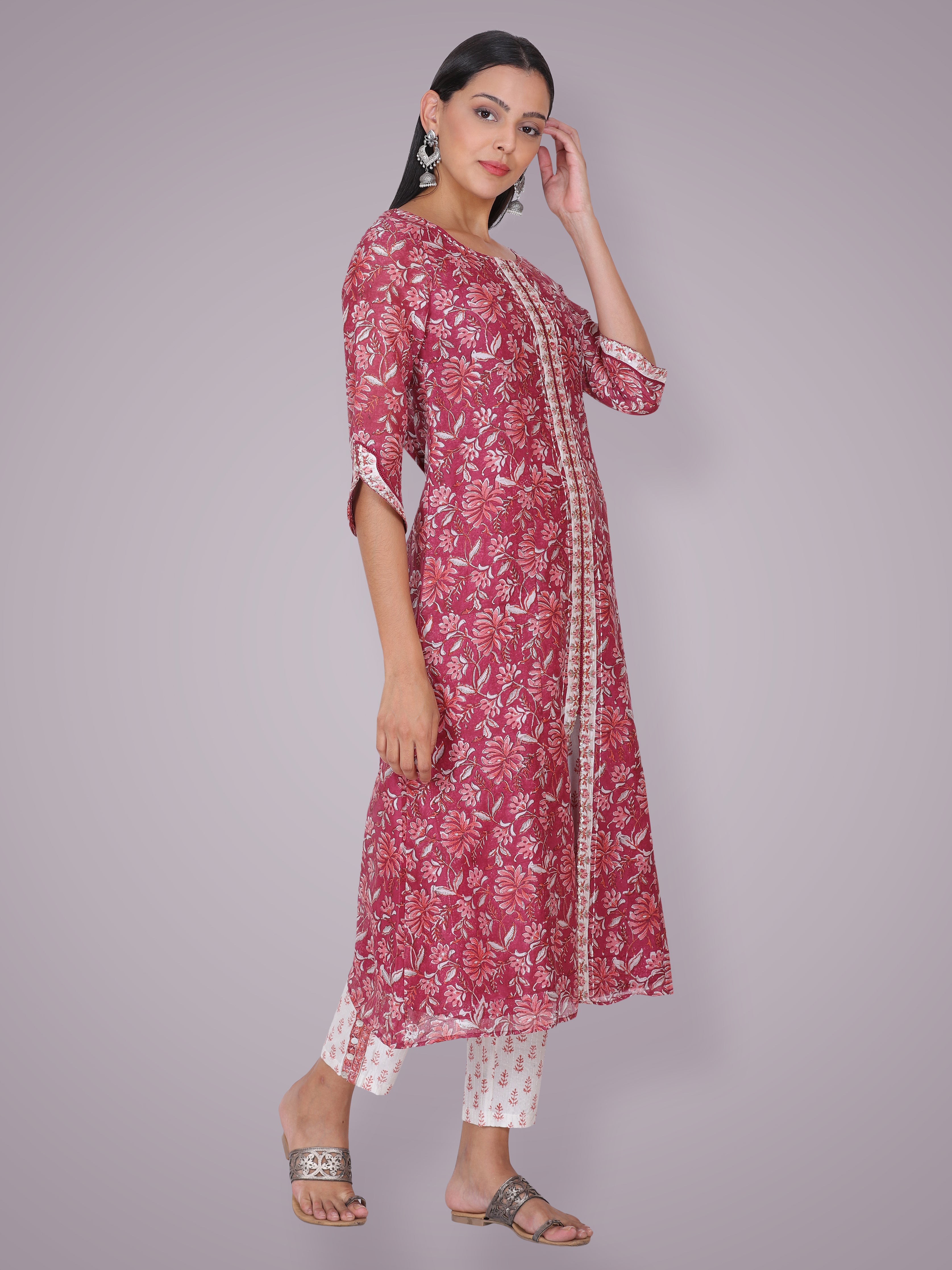 Magenta Pink Chanderi Silk Block Printed & Hand Embroidered Suit Set