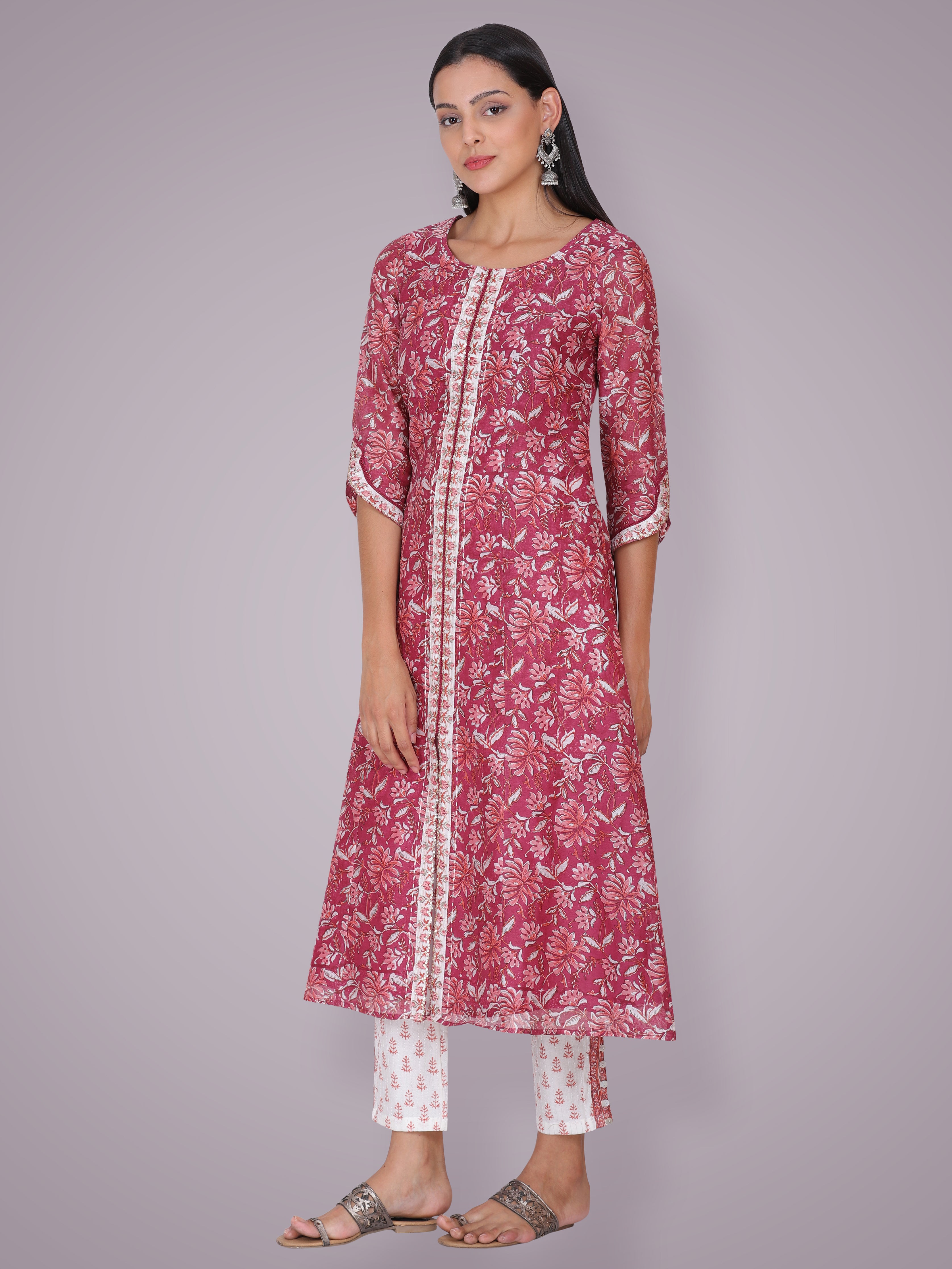 Magenta Pink Chanderi Silk Block Printed & Hand Embroidered Suit Set