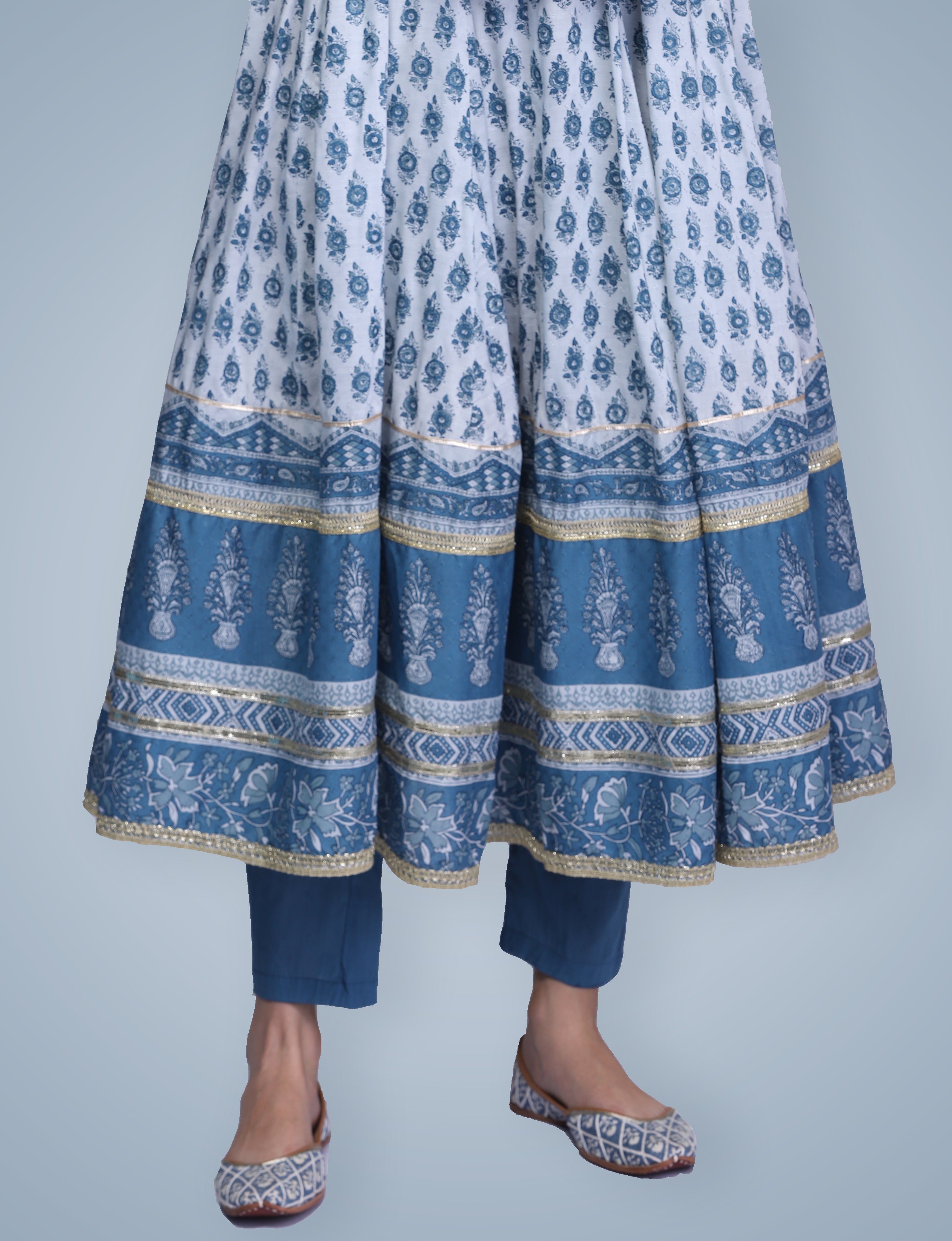 Indigo Hand Block Printed Anarkali Suit Set