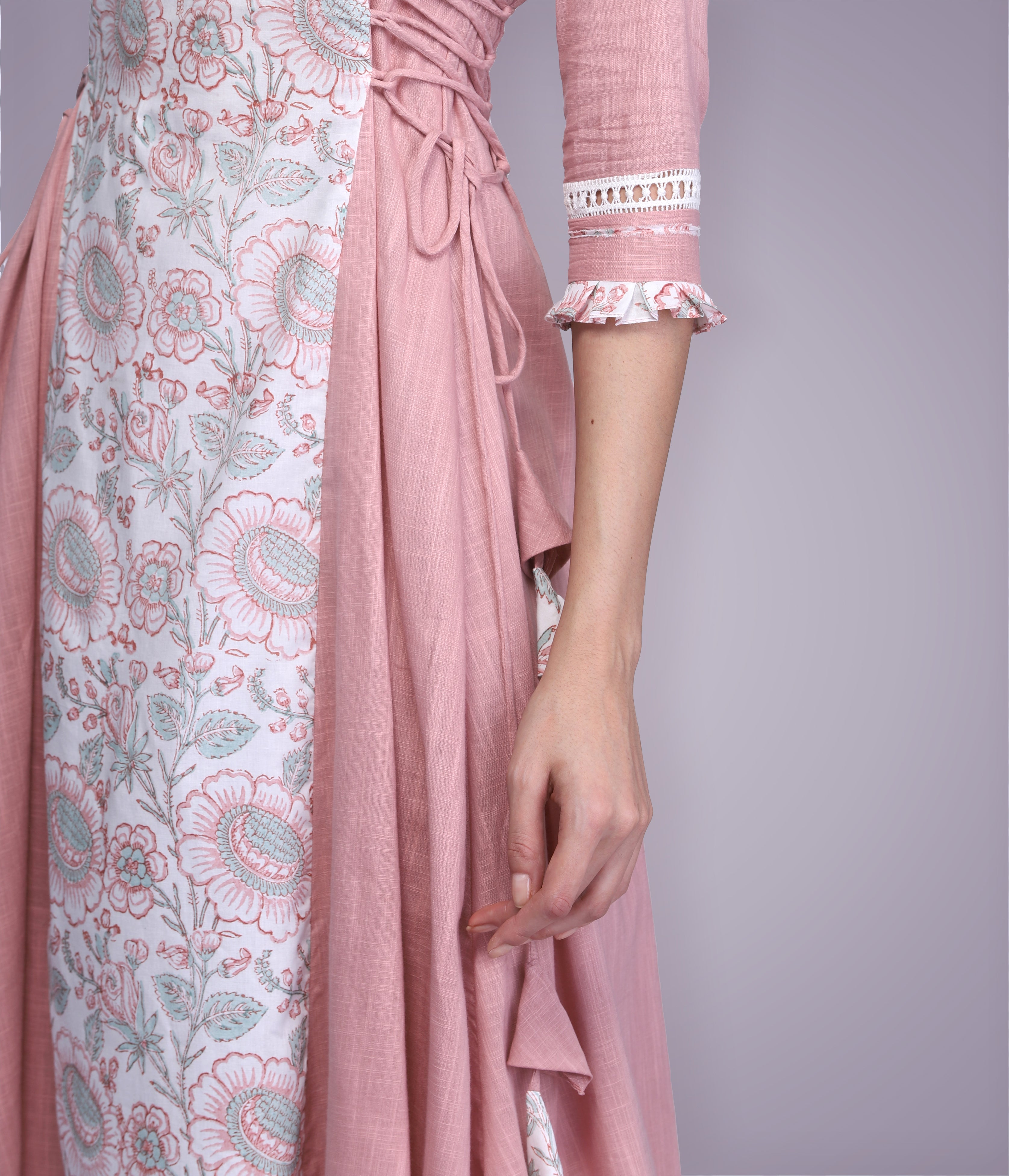 Peach floral Block Printed Lace Suit Set