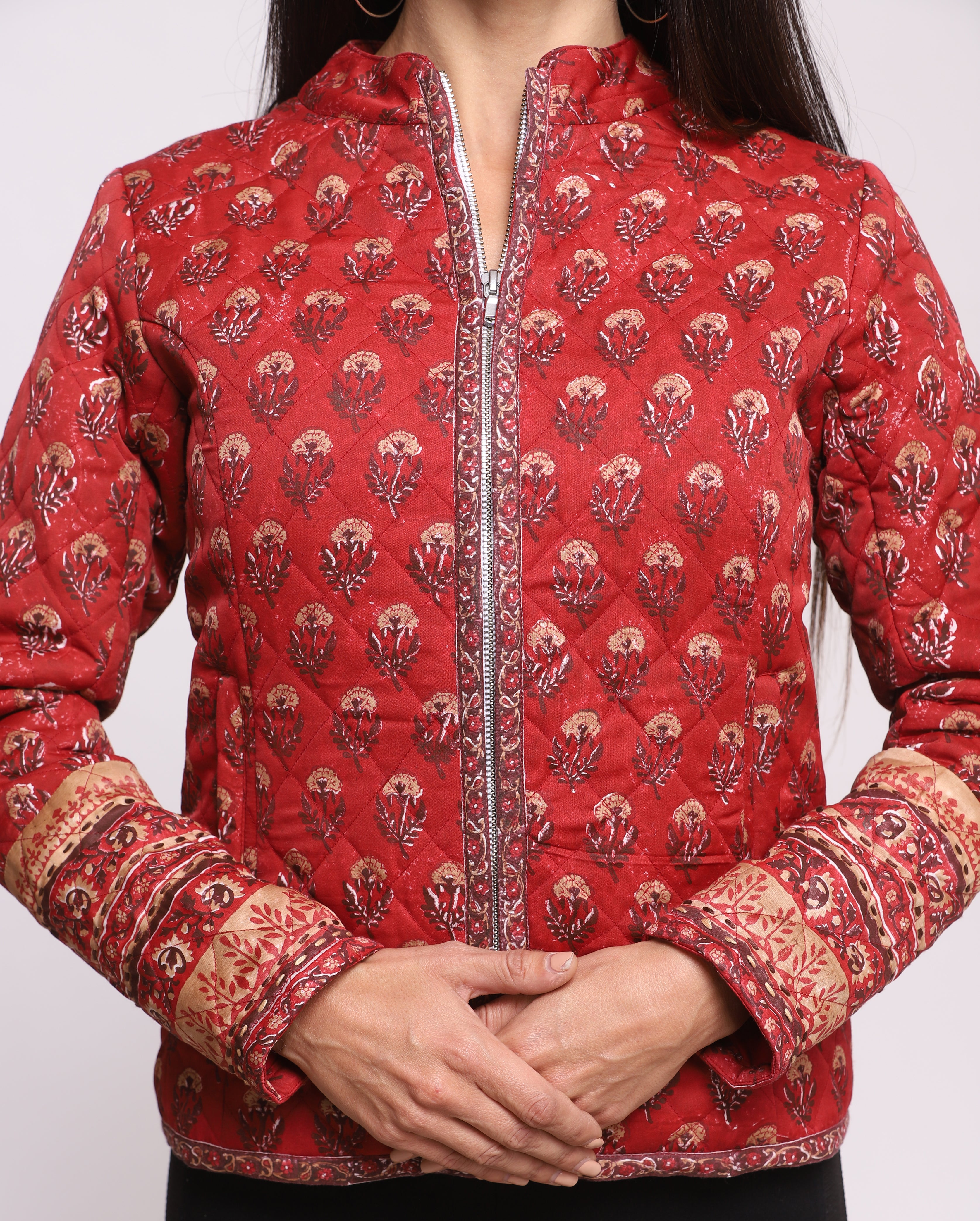 Maroon Red Silk Hand Block Printed Winter Quilted Jacket
