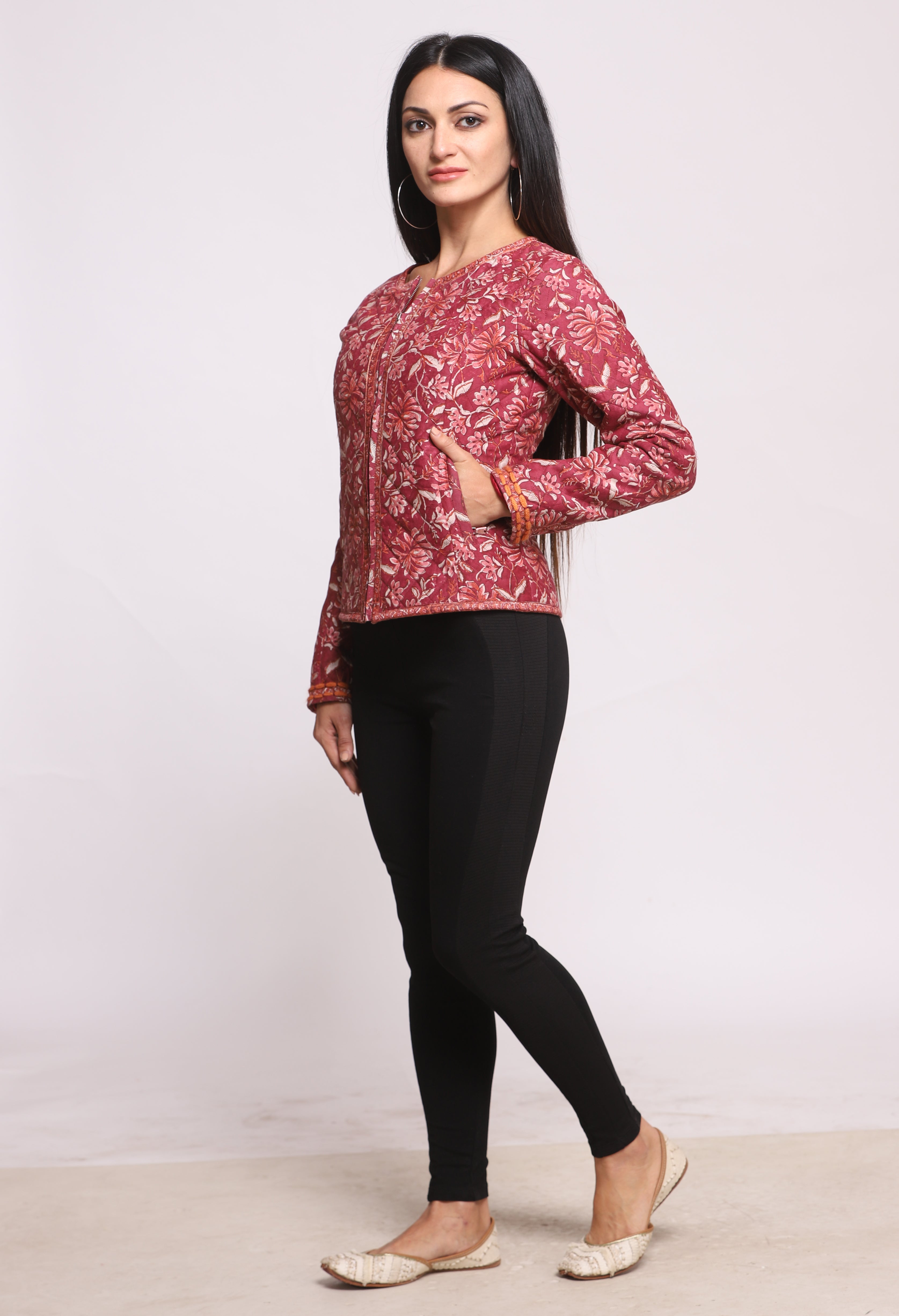 Dark Pink Silk Block Printed Winter Quilted Jacket