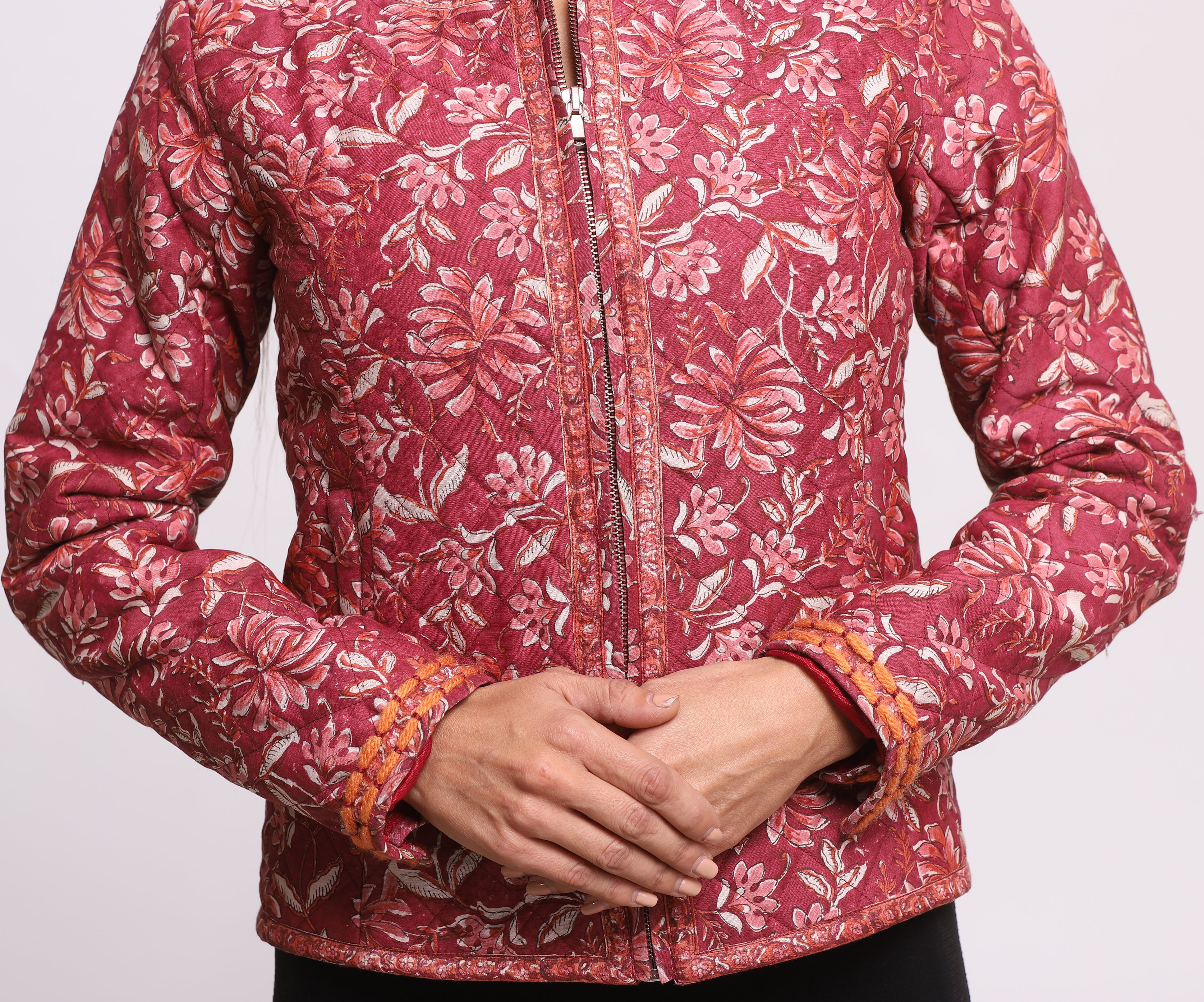 Dark Pink Silk Block Printed Winter Quilted Jacket