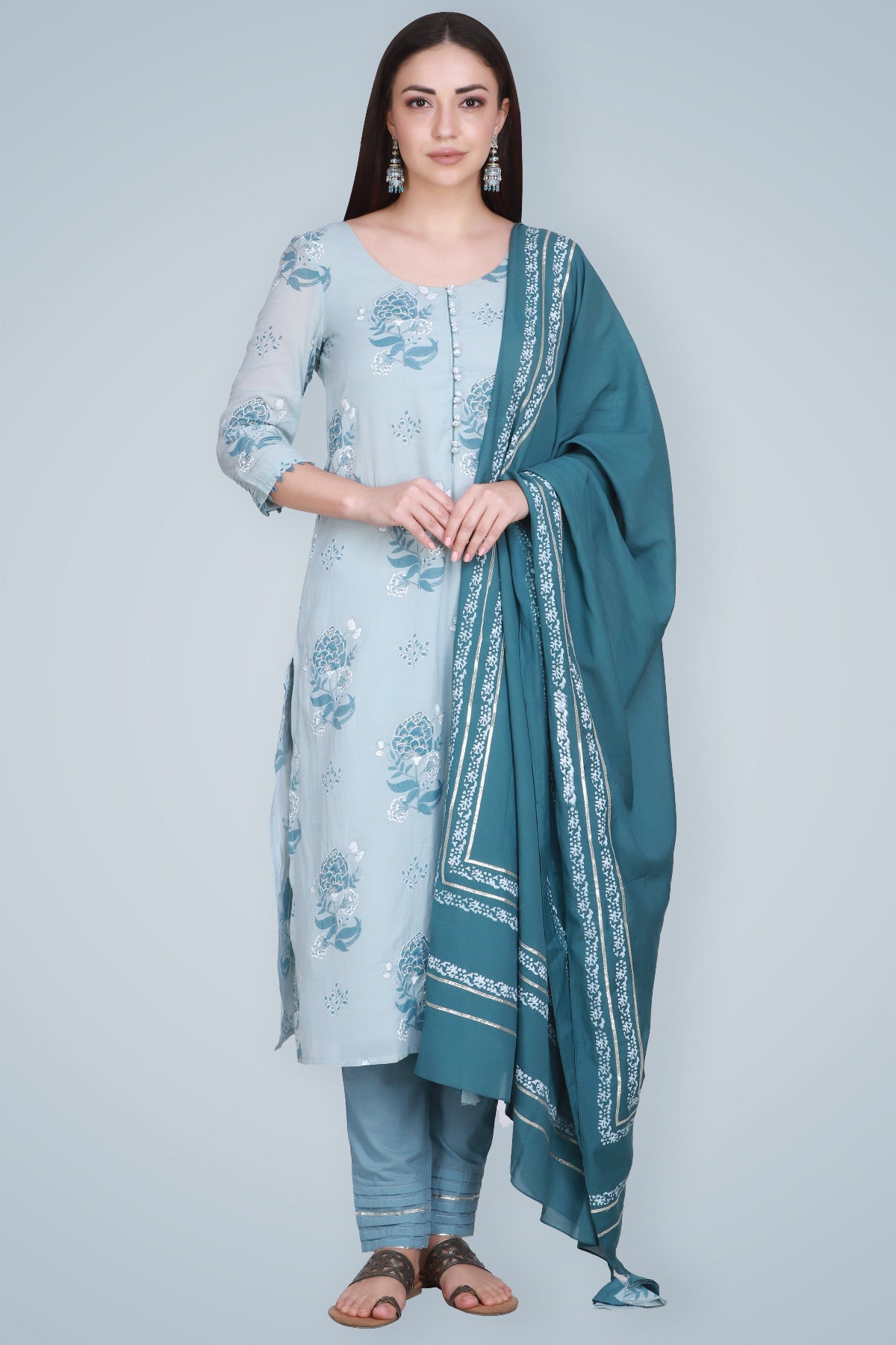Teal Block Printed & Embroidered Silk Suit Set