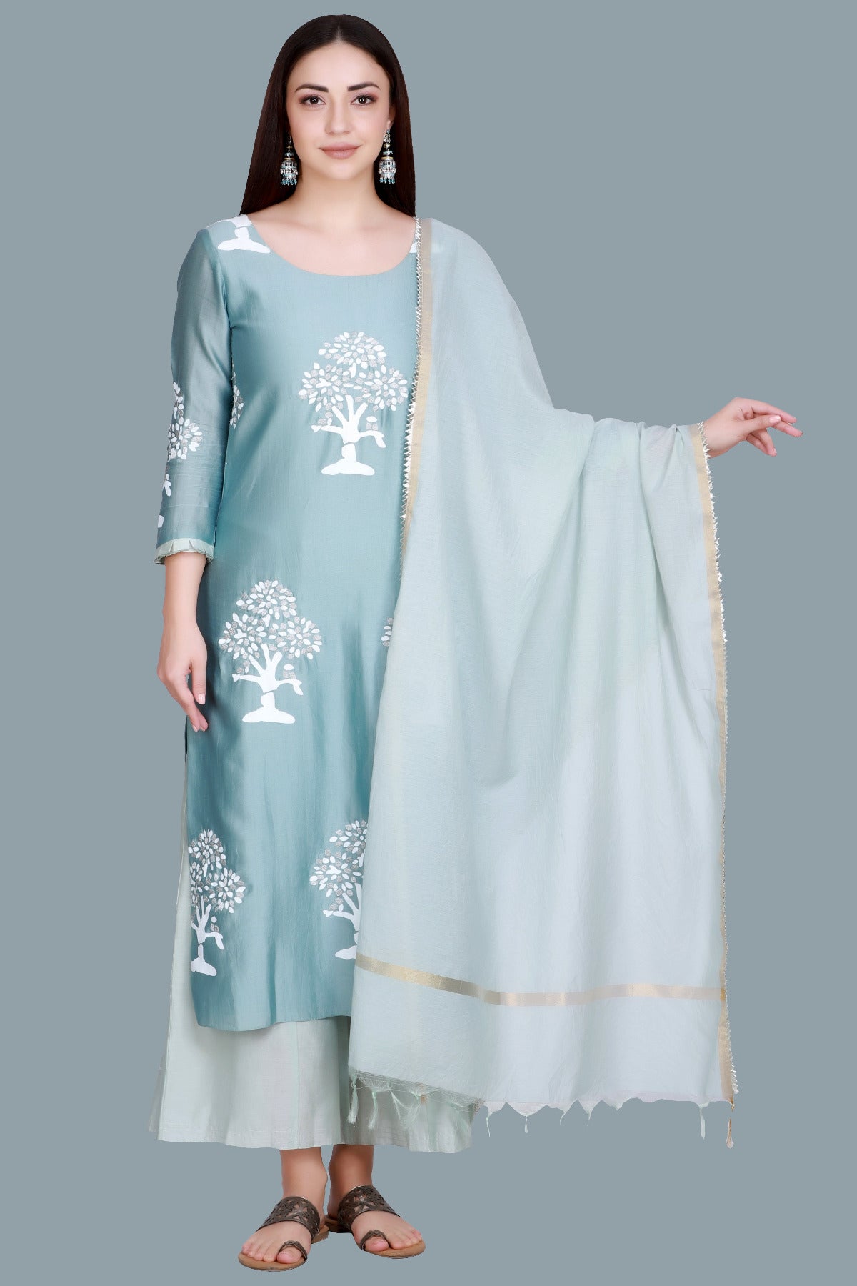 Powder Blue Silk Chanderi Block Printed & Embroidered Suit Set