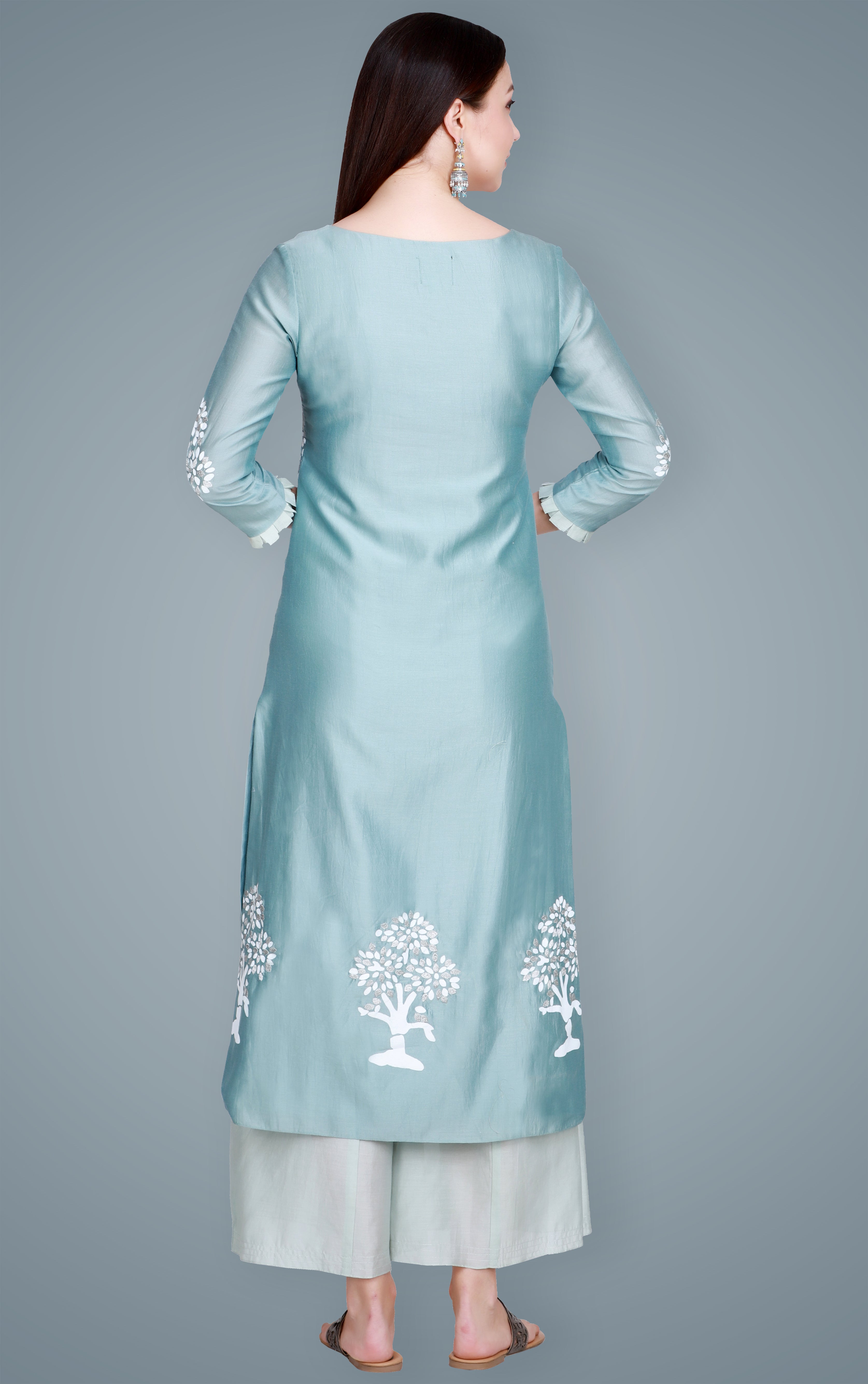 Powder Blue Silk Chanderi Block Printed & Embroidered Suit Set