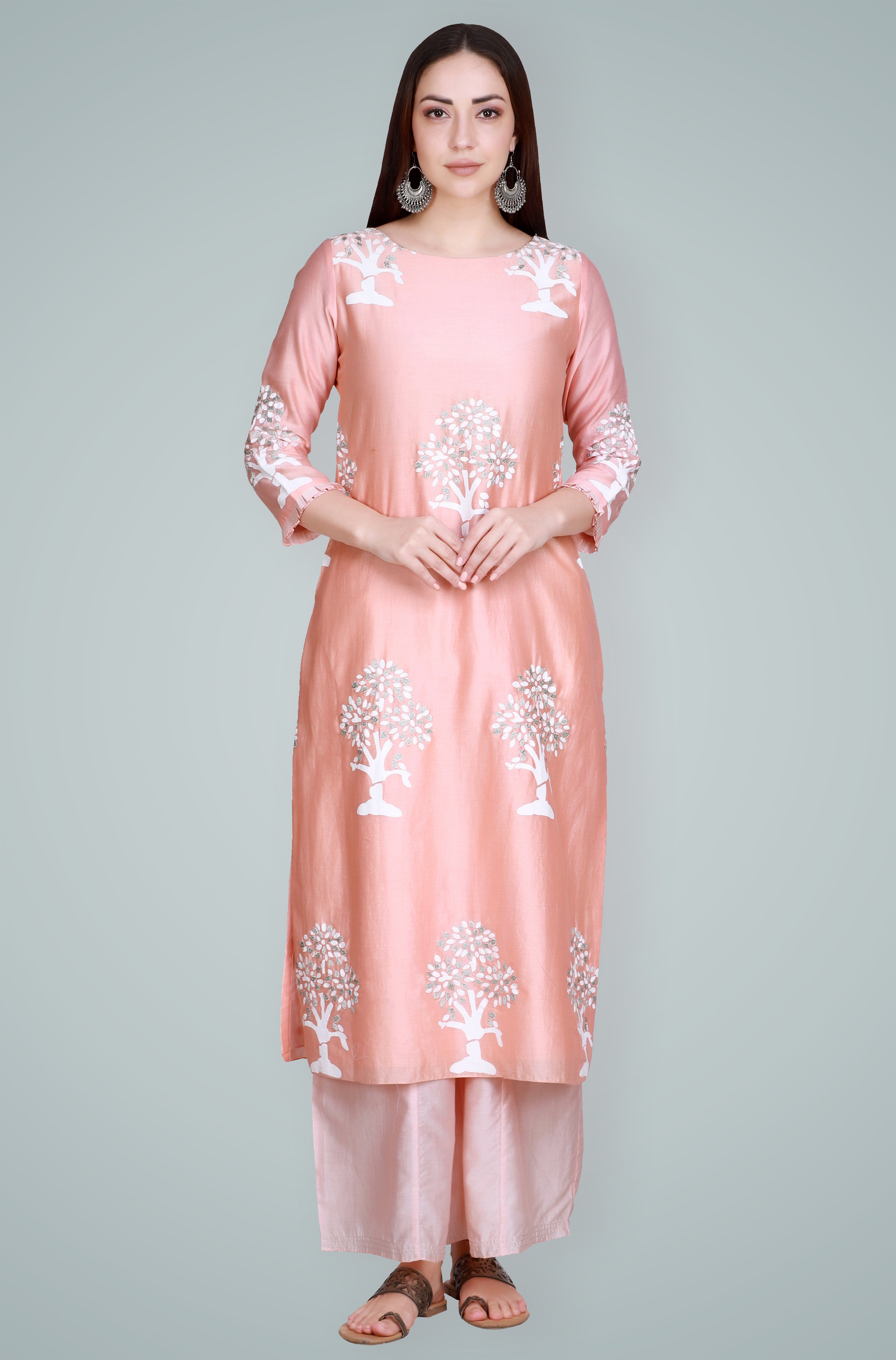 Peach Silk Chanderi Block Printed & Embroidered Suit Set
