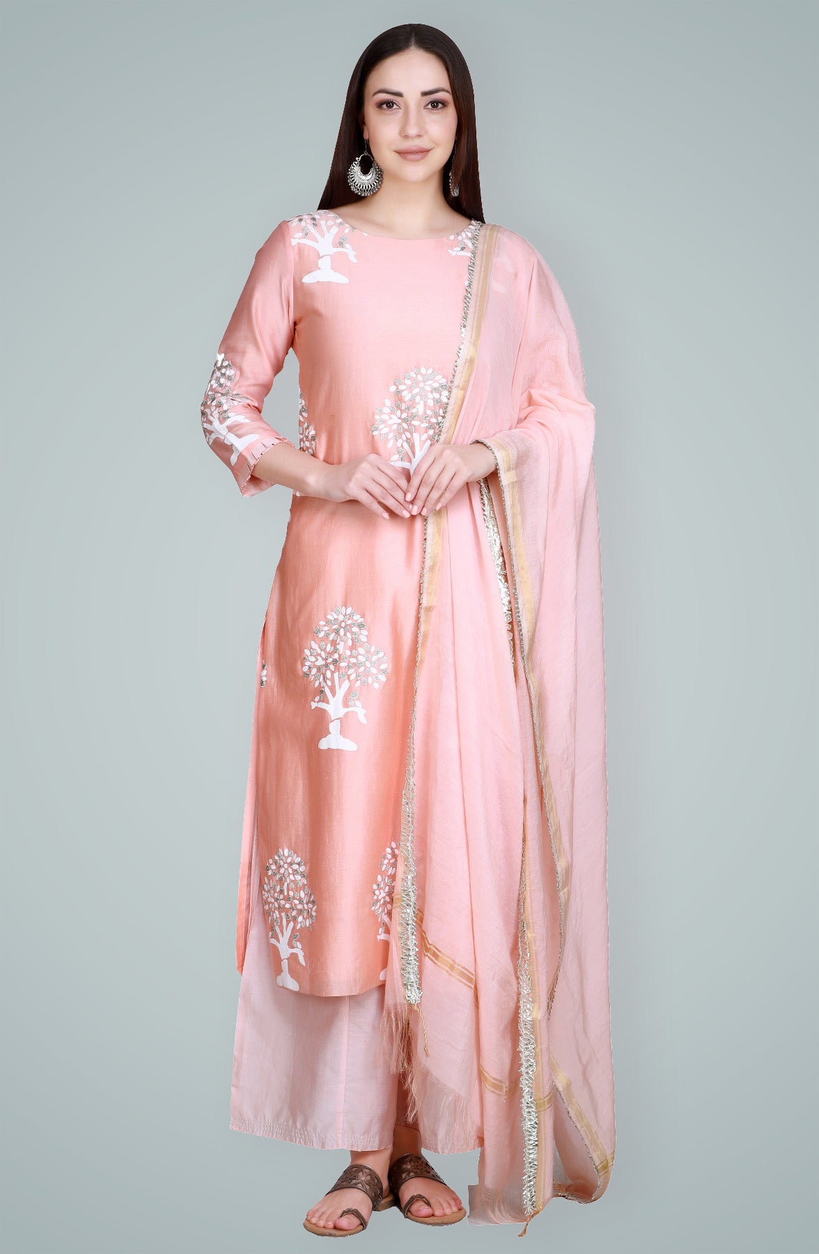 Peach Silk Chanderi Block Printed & Embroidered Suit Set