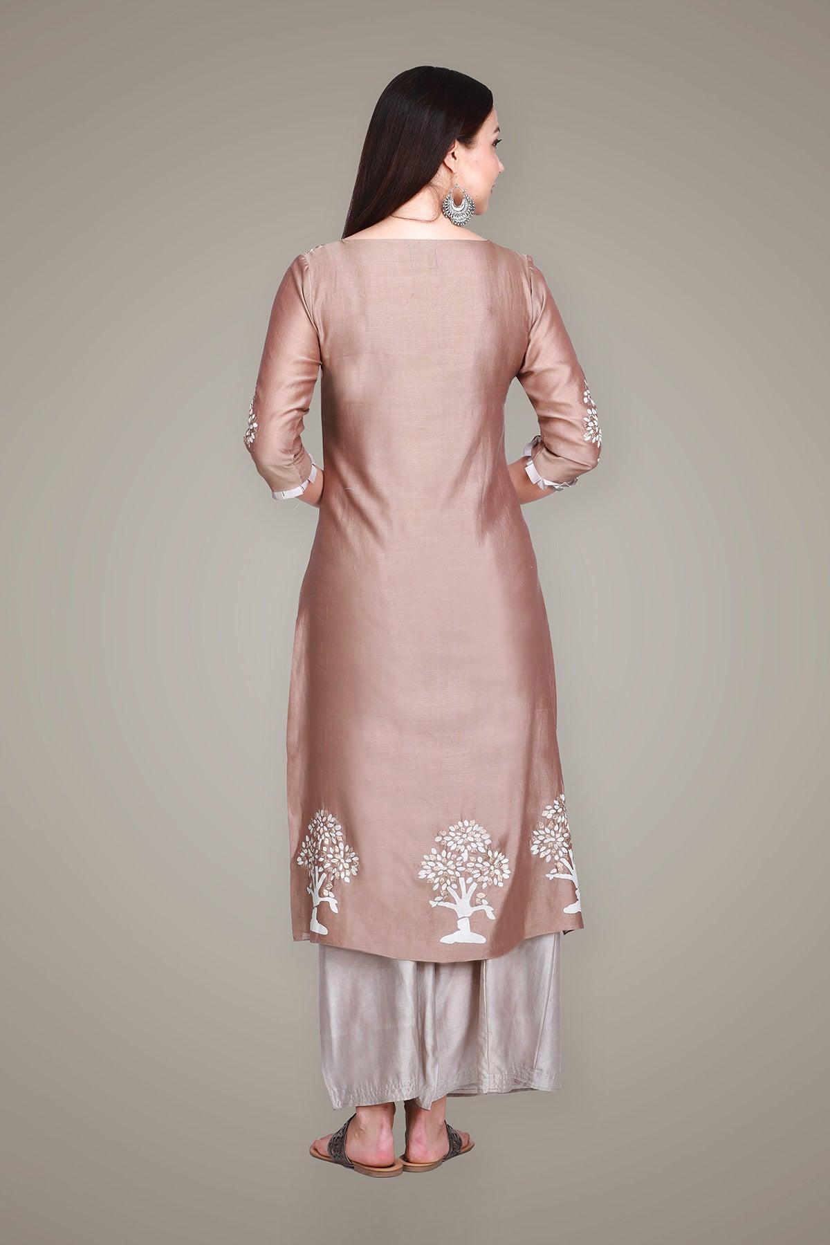 Beige Brown Silk Chanderi Block Printed & Embroidered Suit Set