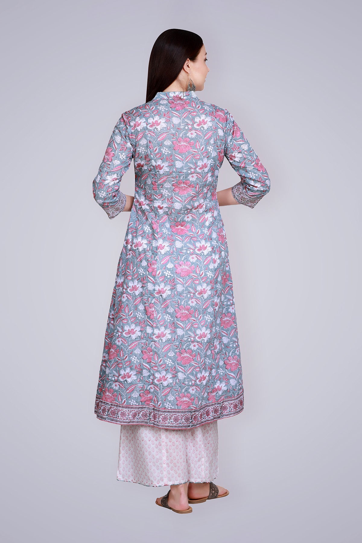 Grey Pink Block Printed and Hand Embroidered Suit Set