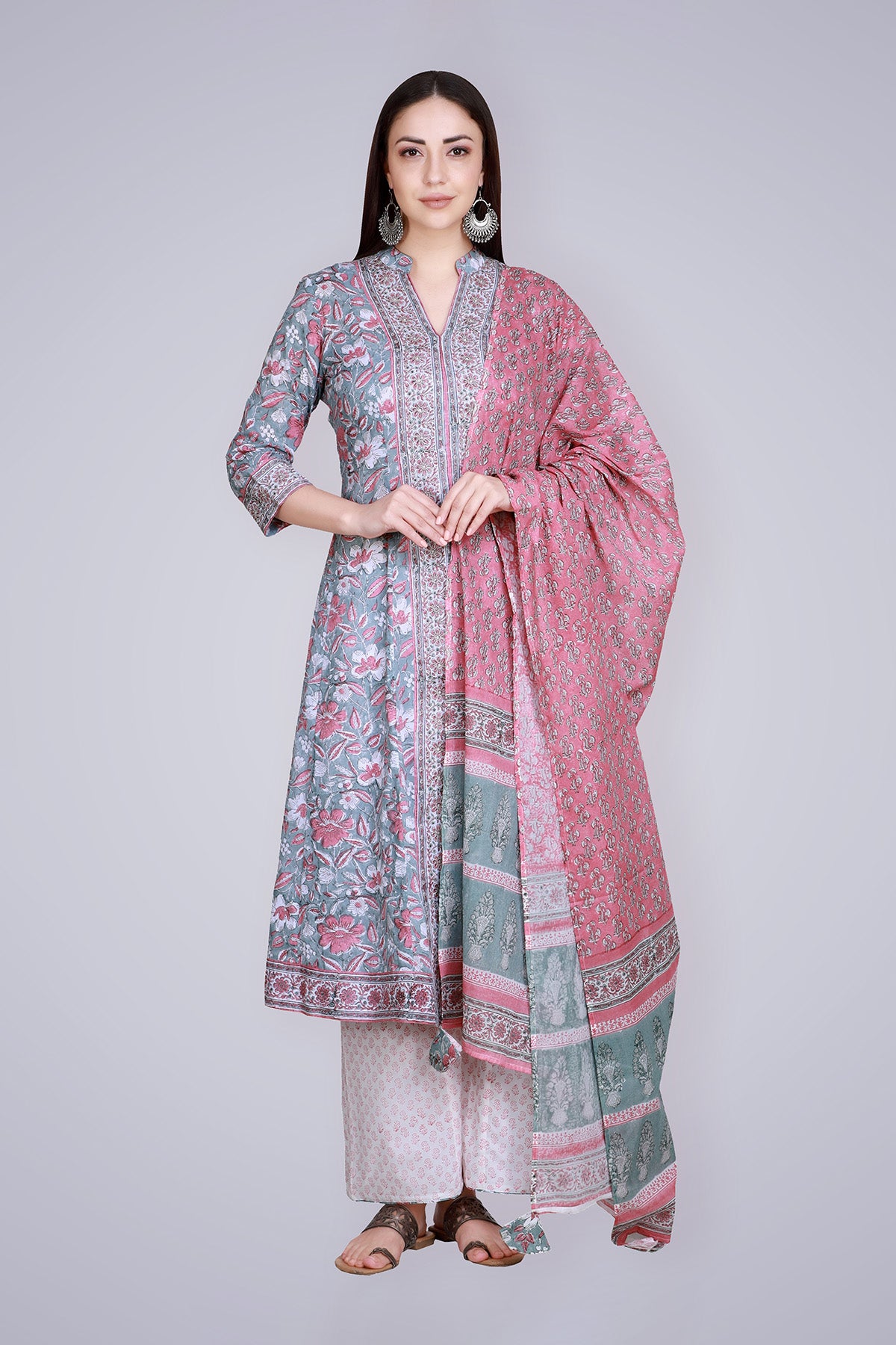 Grey Pink Block Printed and Hand Embroidered Suit Set