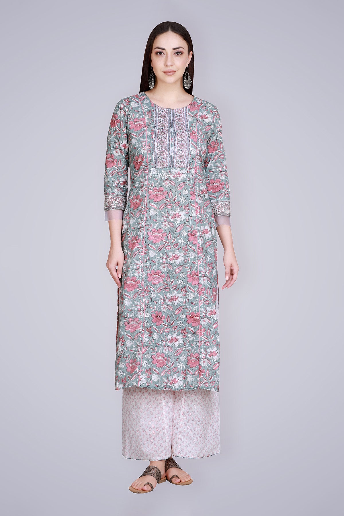 Grey Pink Block Printed & Hand Embroidered Suit Set