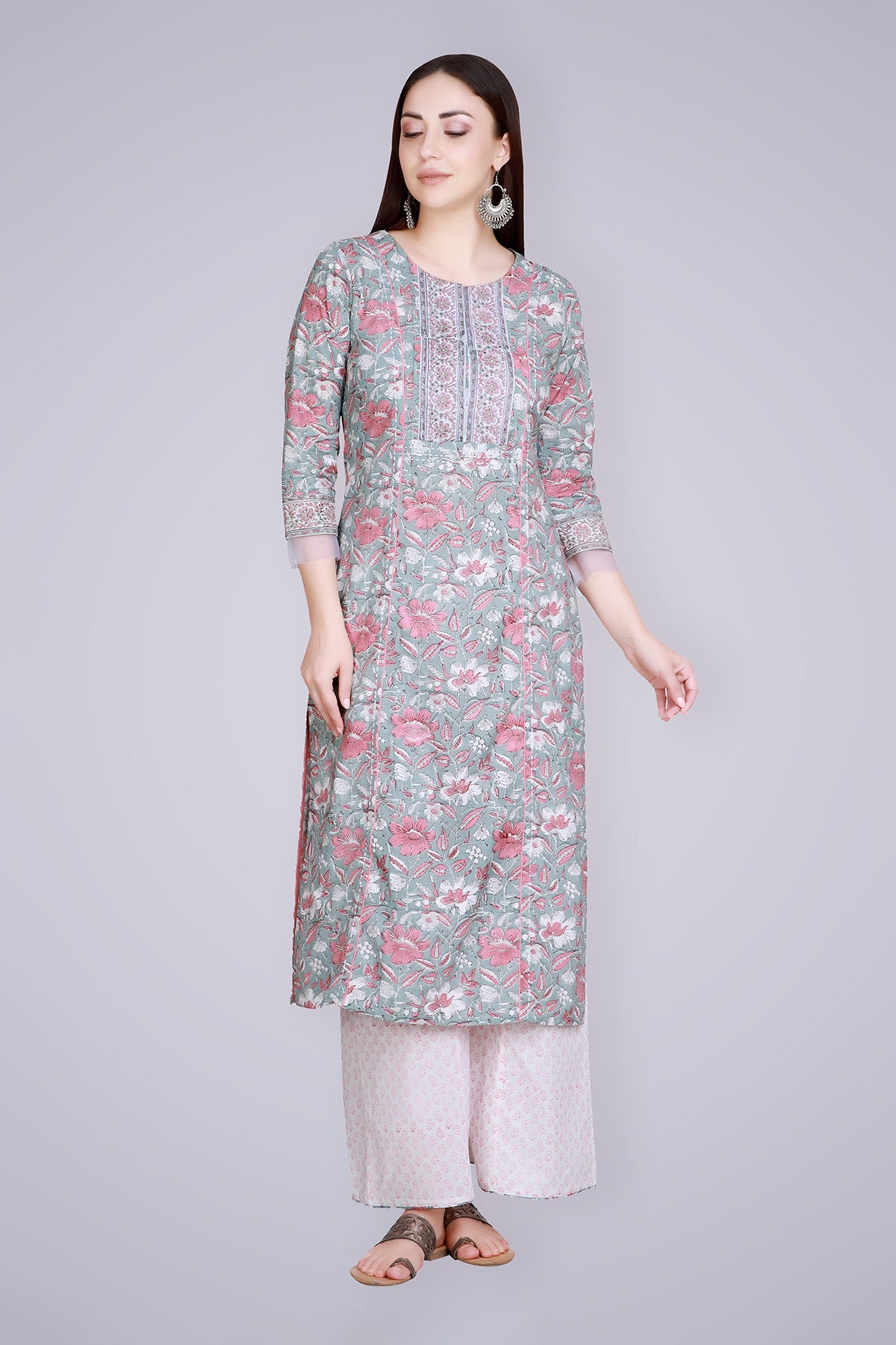 Grey Pink Block Printed & Hand Embroidered Suit Set