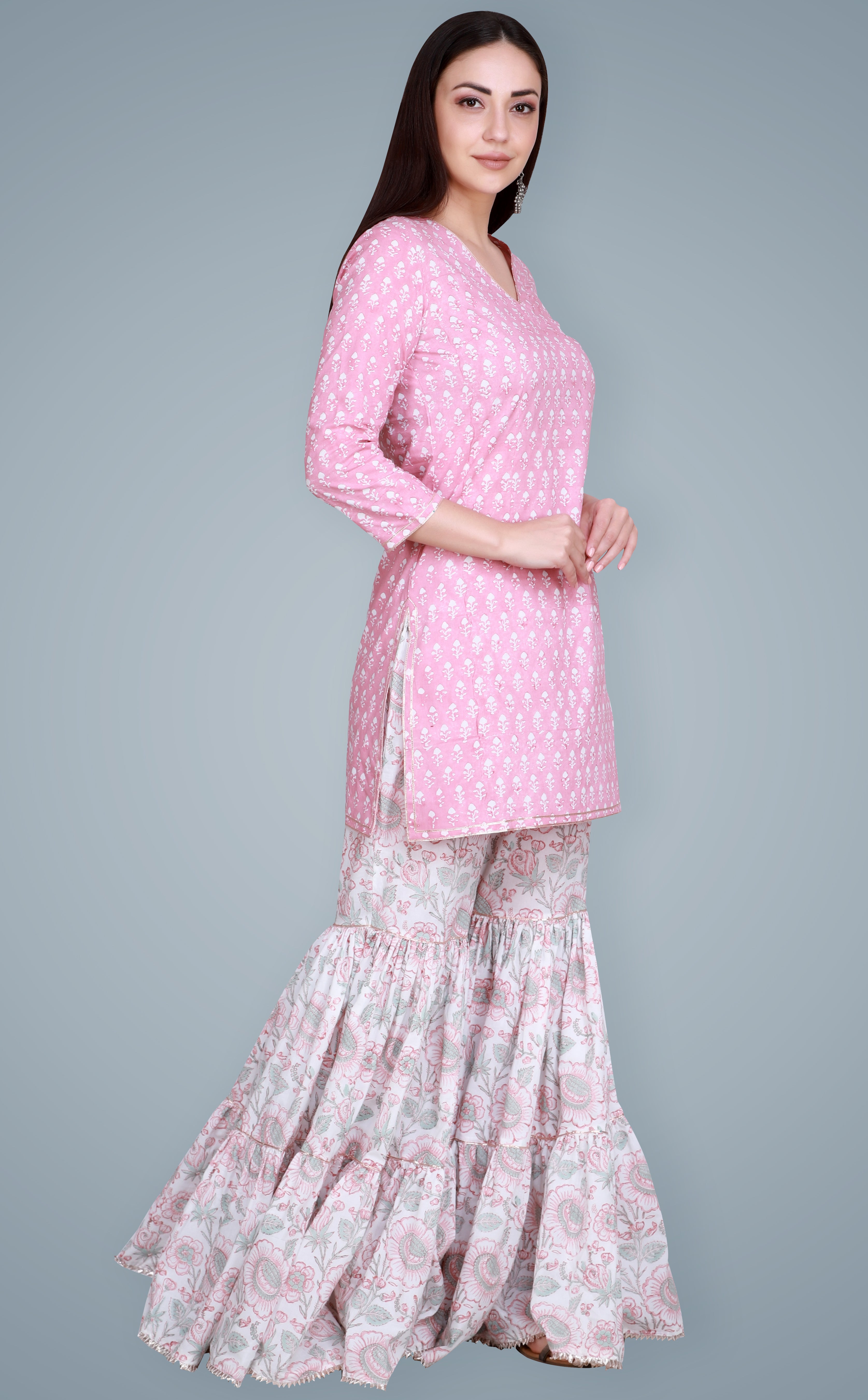 Pastel Pink Hand Block Printed Sharara Set