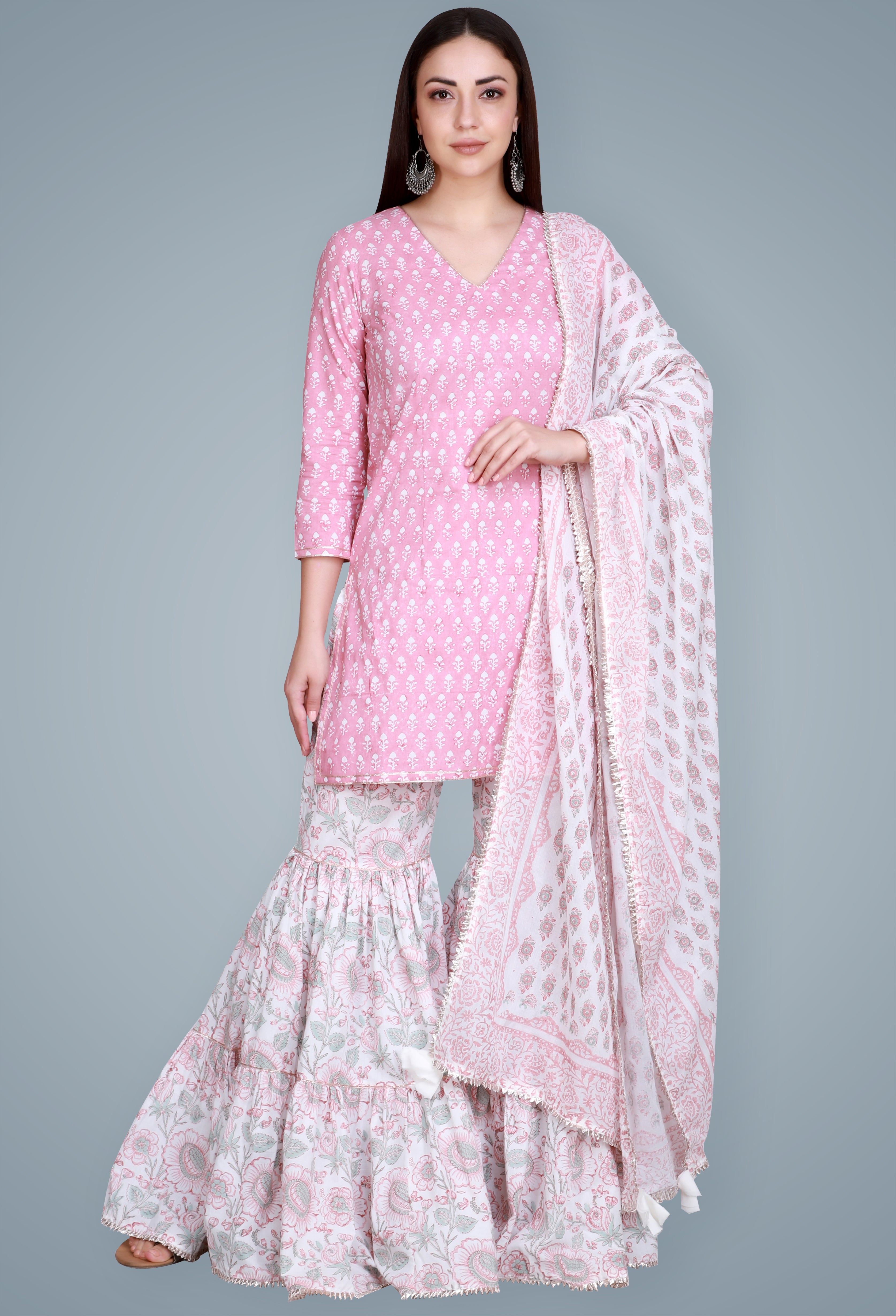 Pastel Pink Hand Block Printed Sharara Set