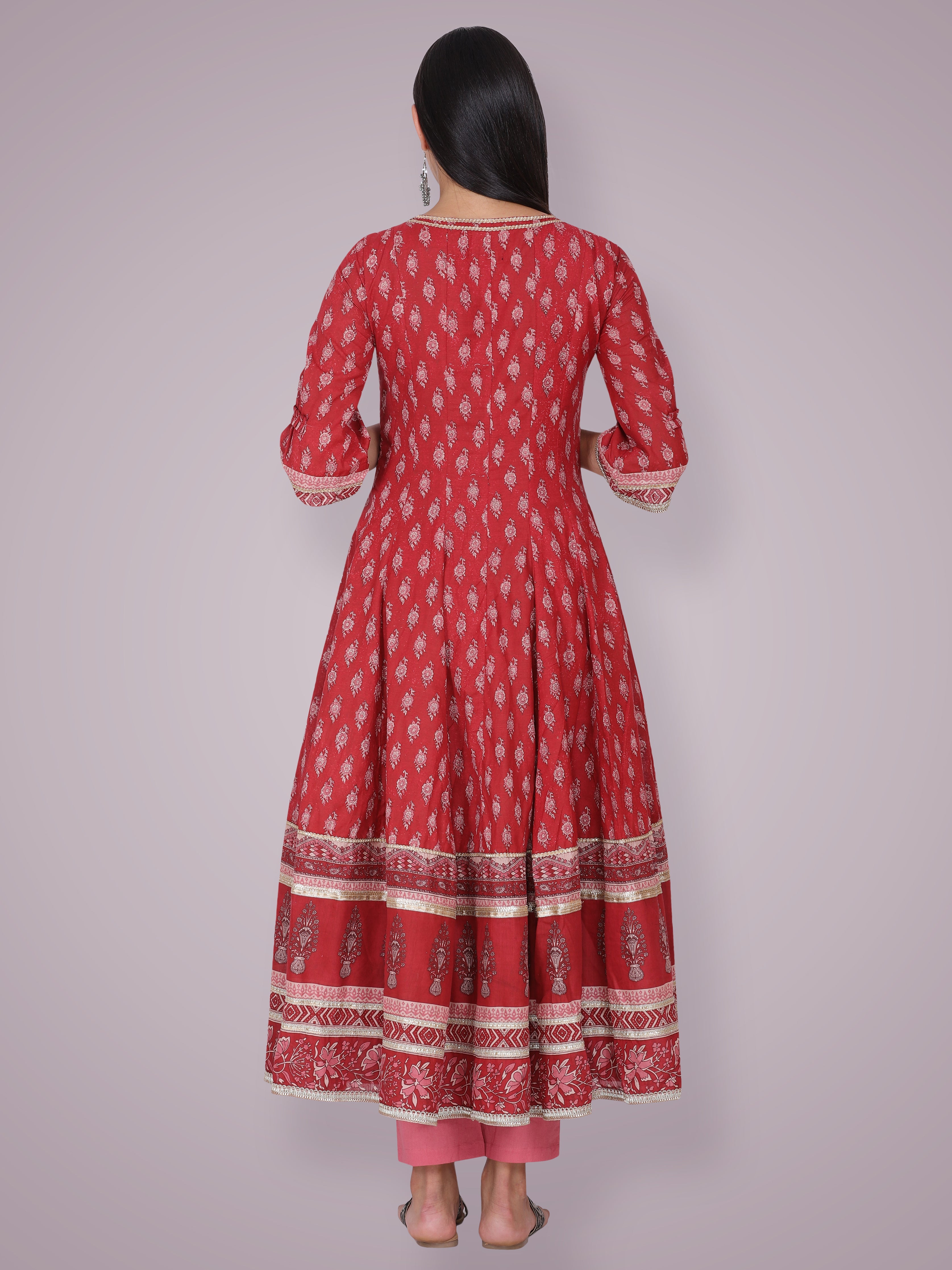 Ruhi Singh in Rust Red Hand Block Printed Anarkali Suit Set